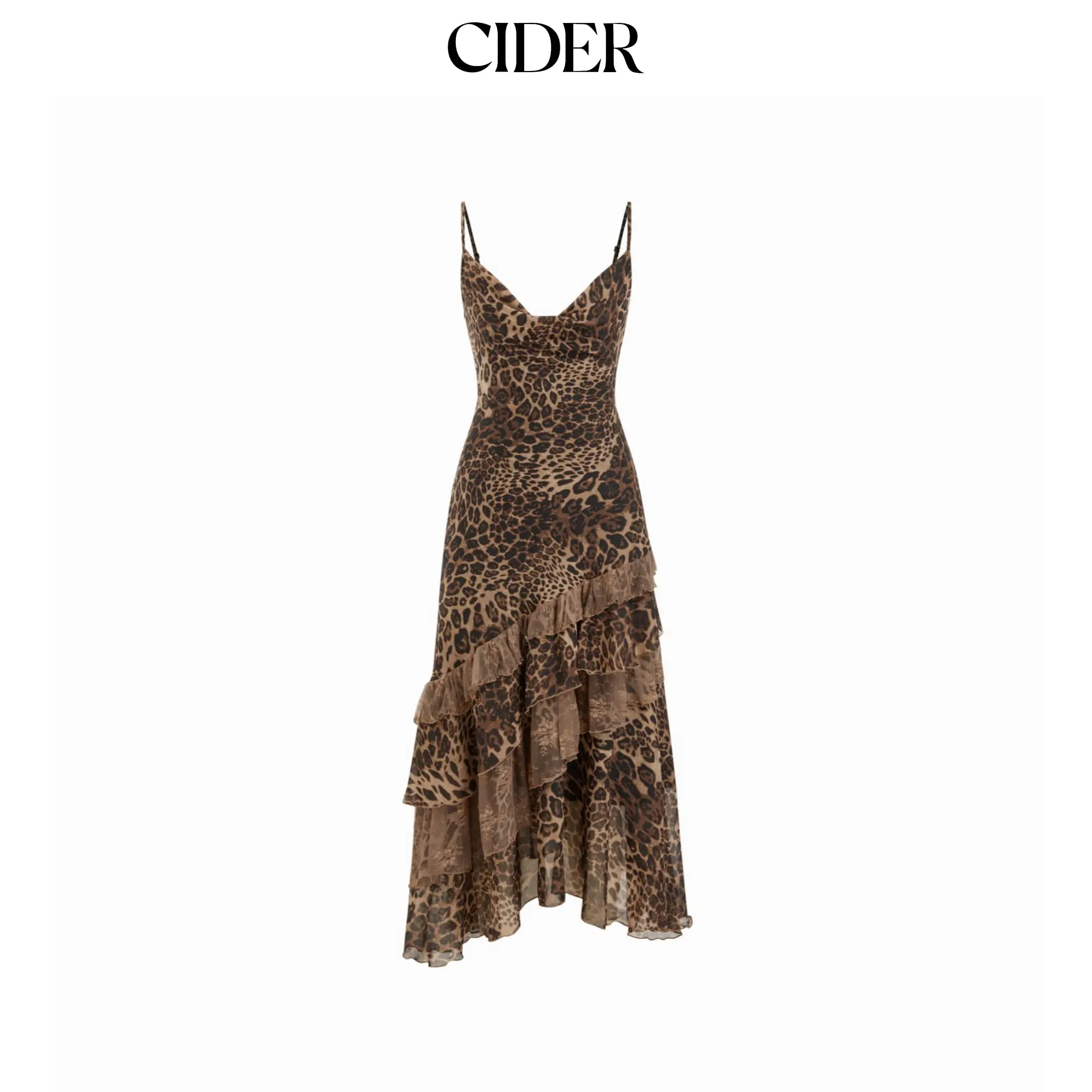 Cider Leopard Cowl Neck Ruffled Asymmetrical Maxi Cami Dress SohoChic