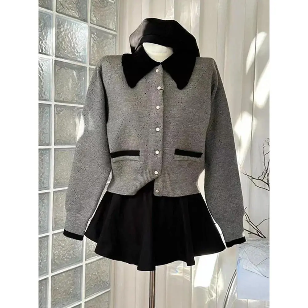 2023 Autumn Grey Cardigan Turn-Down Collar Pullover Soft Female Casual Y2k Long Sleeve Knitted Sweater Japanese Fashion Outwear