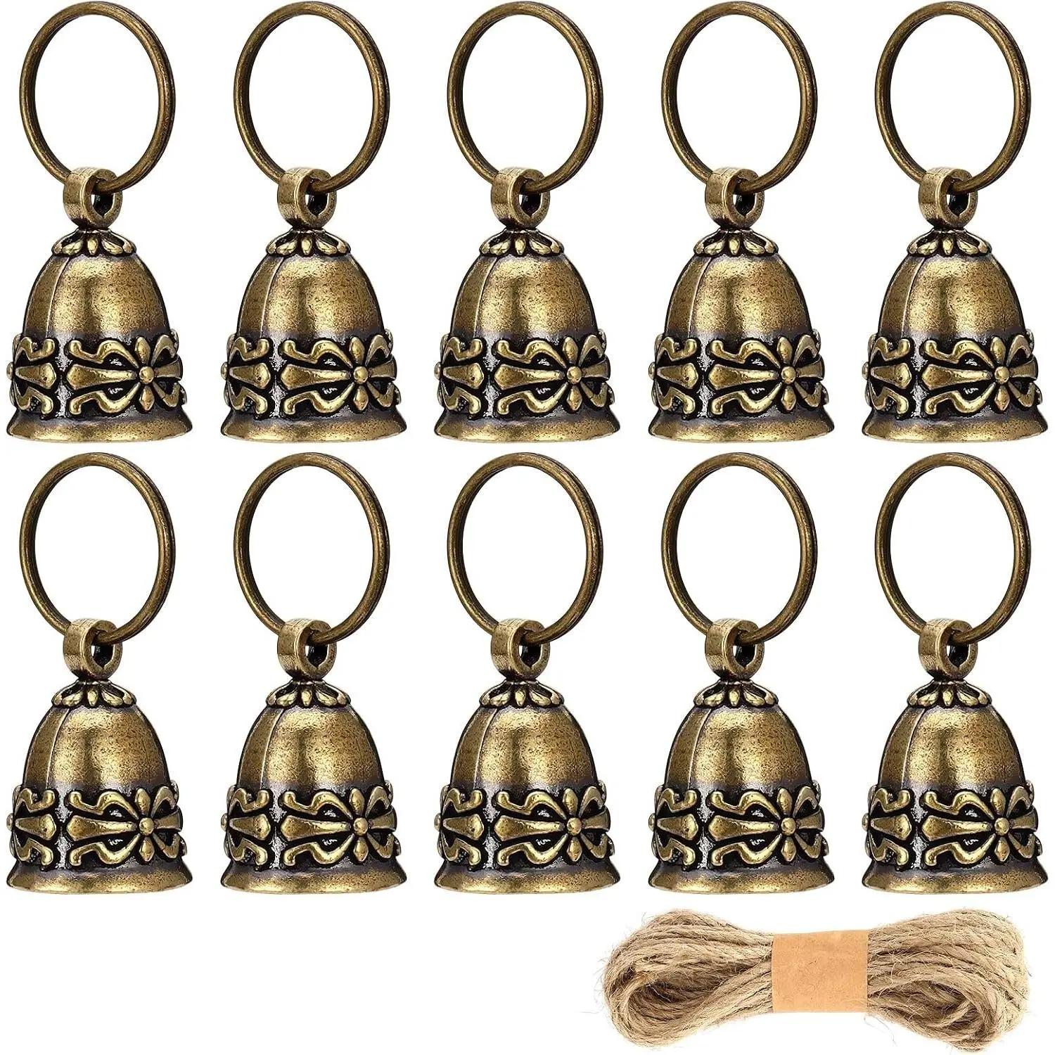 10 Pcs Small Pure Copper Bells, Handmade Vintage Brass Hanging Craft Bells, Craft Bell for Door, Celebration or Christmas Decoration (Fine Hemp Rope Included)