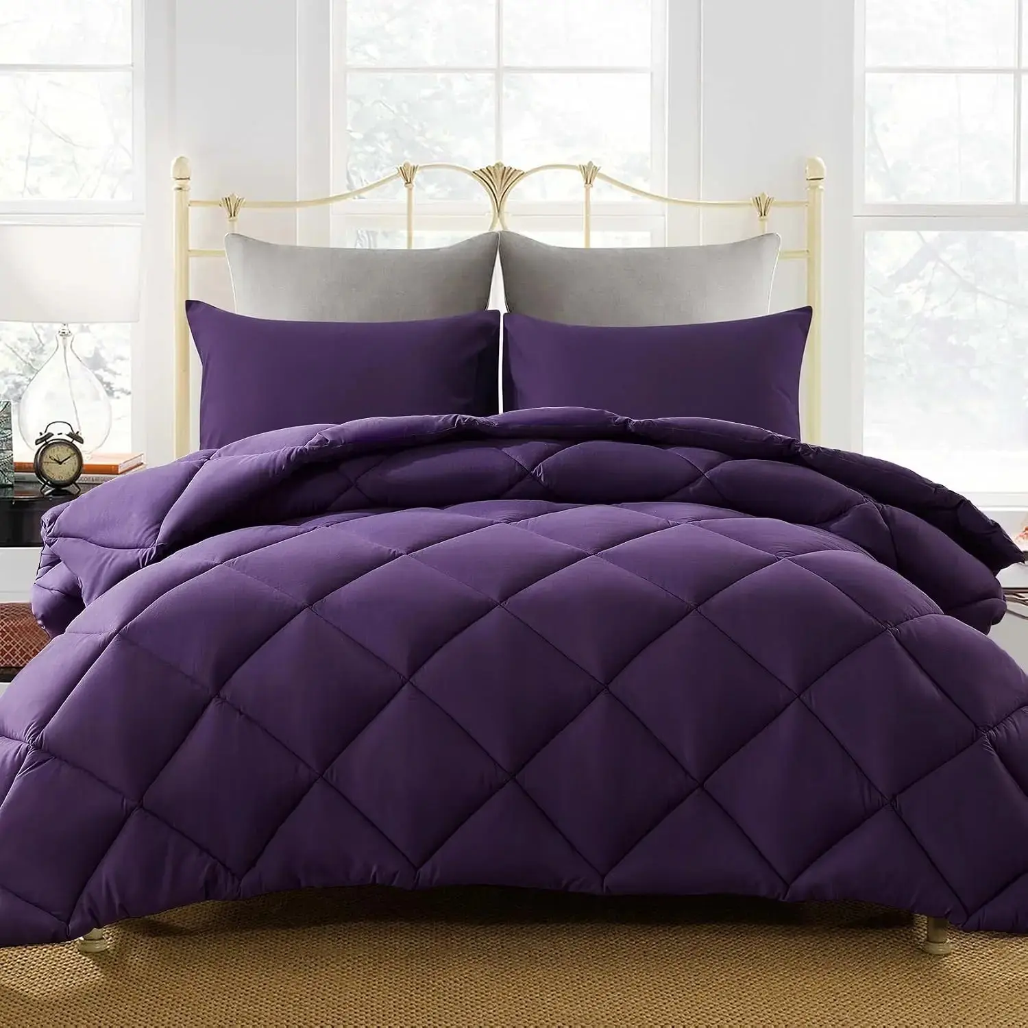 Cal King Bedding 3-Piece Lightweight Quilted Down Alternative Comforter Set - 2 Pillow Shams, All-Season Duvet Insert, Purple California King Size