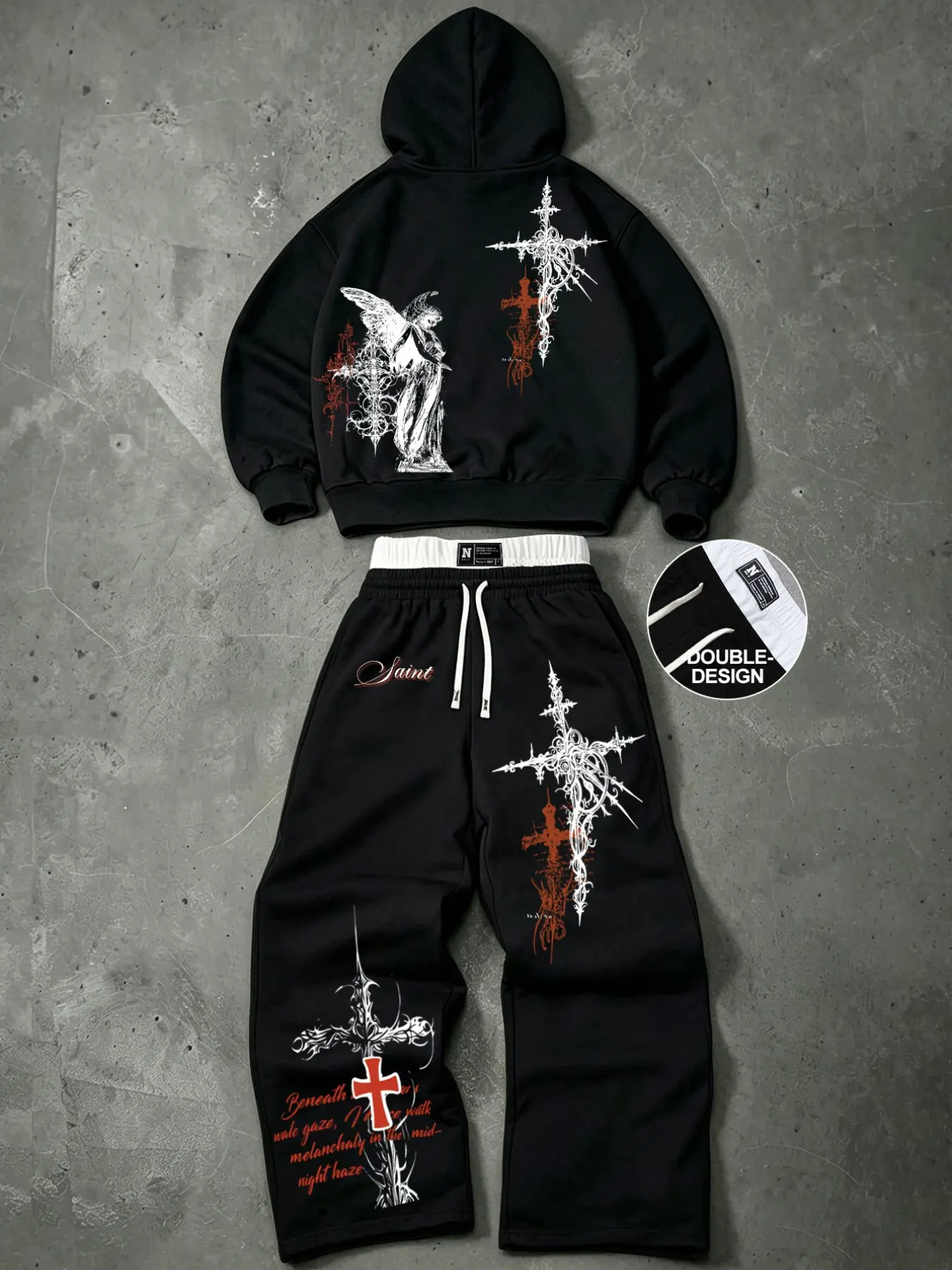 Y2K Grunge Dark Streetwear Tracksuit Set Unisex Hoodie and Double Waistband Sweatpants with Angel Cross Graphic Print, Opium Aesthetic Gothic Matching Set Perfect for Fall Winter Daily Streetwear OOTD
