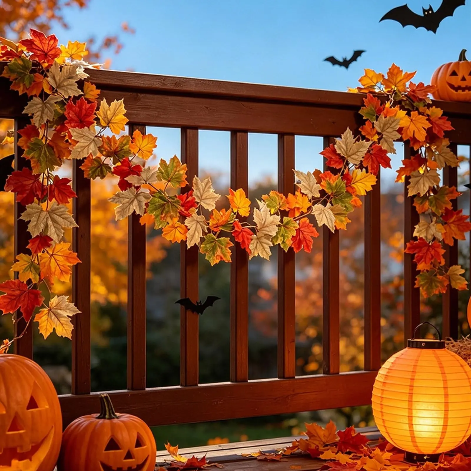 6.7ft Fall Maple Leaf Garland, Mixed-Color Artificial Autumn Leaves, Plastic Maple Foliage, Faux Plants for Thanksgiving, Fireplace, Mantel