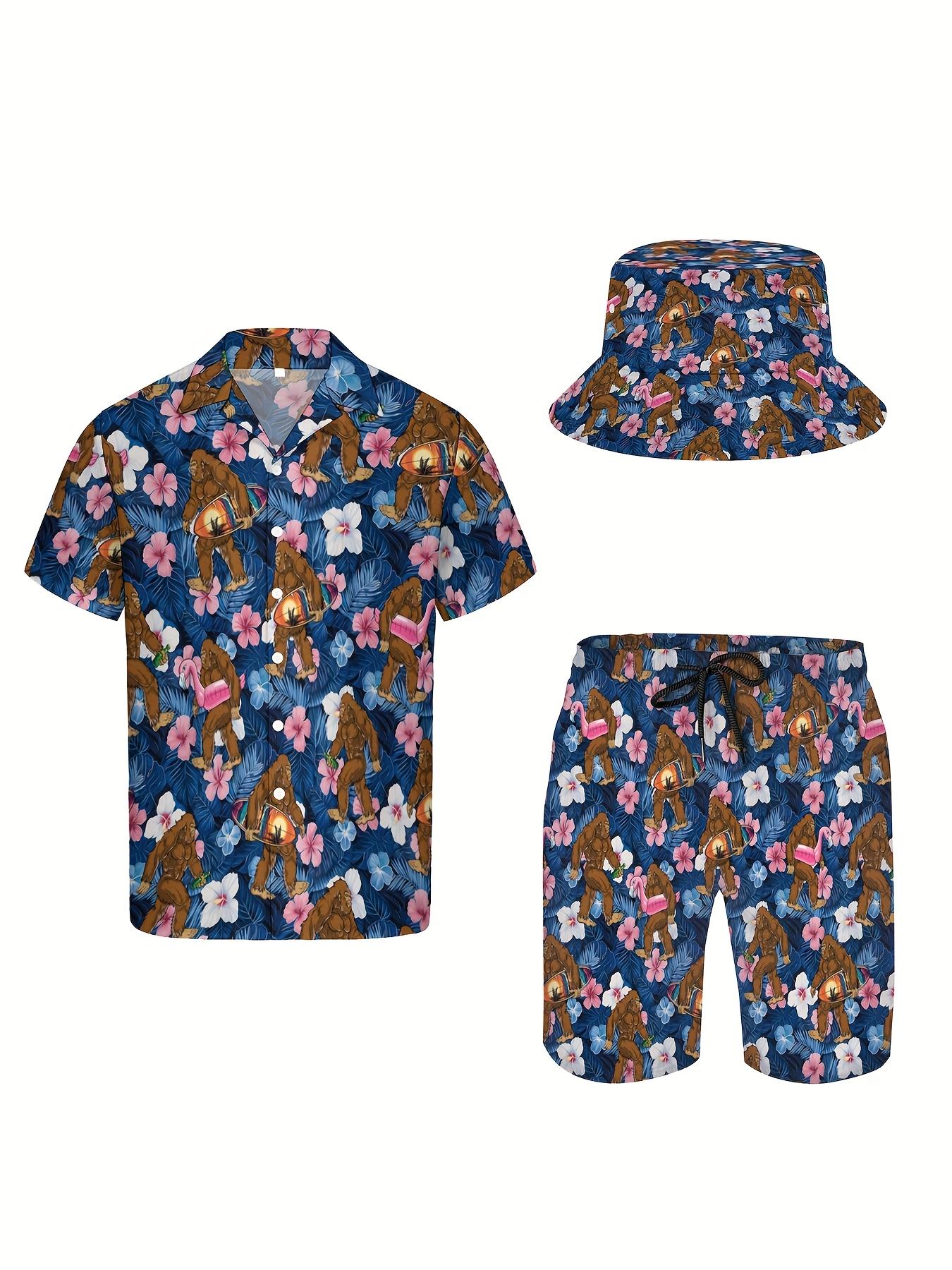 3pcs Men'S Hawaiian Shirt And Short Set, Sasquatch Tropical Plants Flamingos Soft Fabric Breathable Shirt Button Short Sleeve Casual Beach Shirts Outfits With Bucket Hats