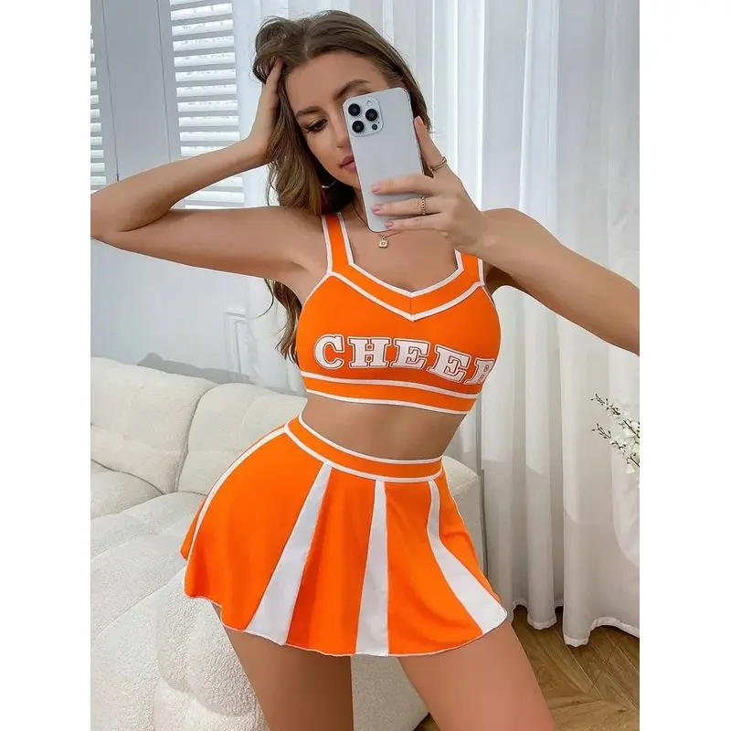 Ladies Fresh White Cheerleading Welcome Uniform Temptation Printed Bra And Skirt Set