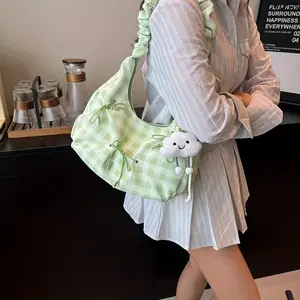 Cute Gingham Tote Bag with Cloud Rabbit Charms, Spacious Zipper Shoulder Purse in 4 Colors, Casual Handbag for Daily Commute & Outdoor Trips