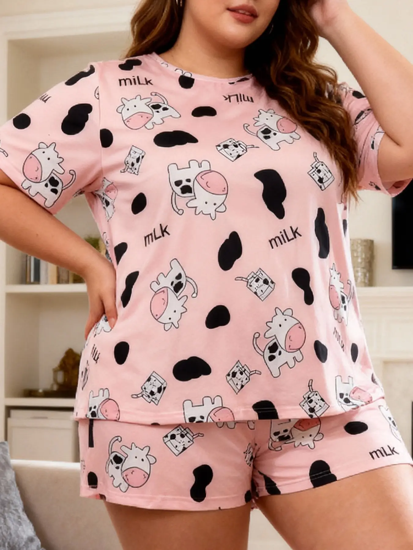 Women's Plus Size Pajama Set, Cute Cow Print, Short Sleeve and Shorts, Casual Loose-Fit, Ideal for Back-To-School and Home Wear