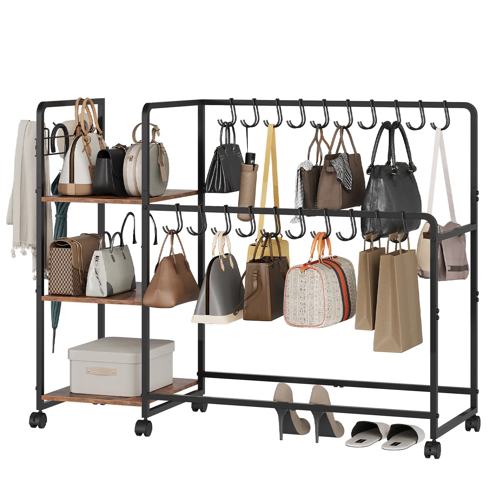 Space-Saving 3-Tier Purse Organizer Rack with 20 Hangers & 3 Hooks – Wooden Handbag Storage Shelf on Wheels – Heavy Duty Bag Stand for Closet, Bedroom, Entryway – Black + Vintage