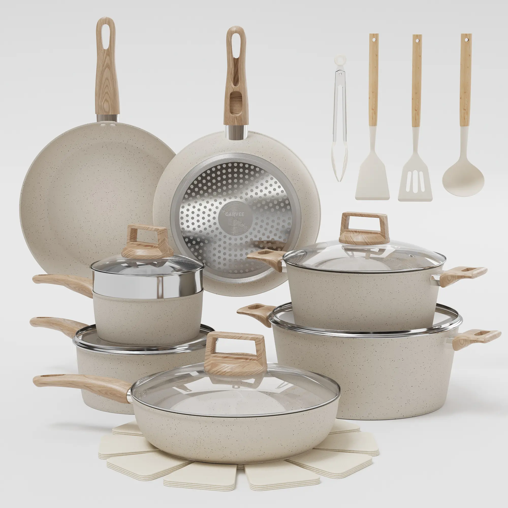 21-Piece Nonstick Ceramic Pots and Pans Set - For Induction Cooking - Frying Pans, Saucepans, Stockpot, Steamer & Utensils - White Kitchen Set,familyfun