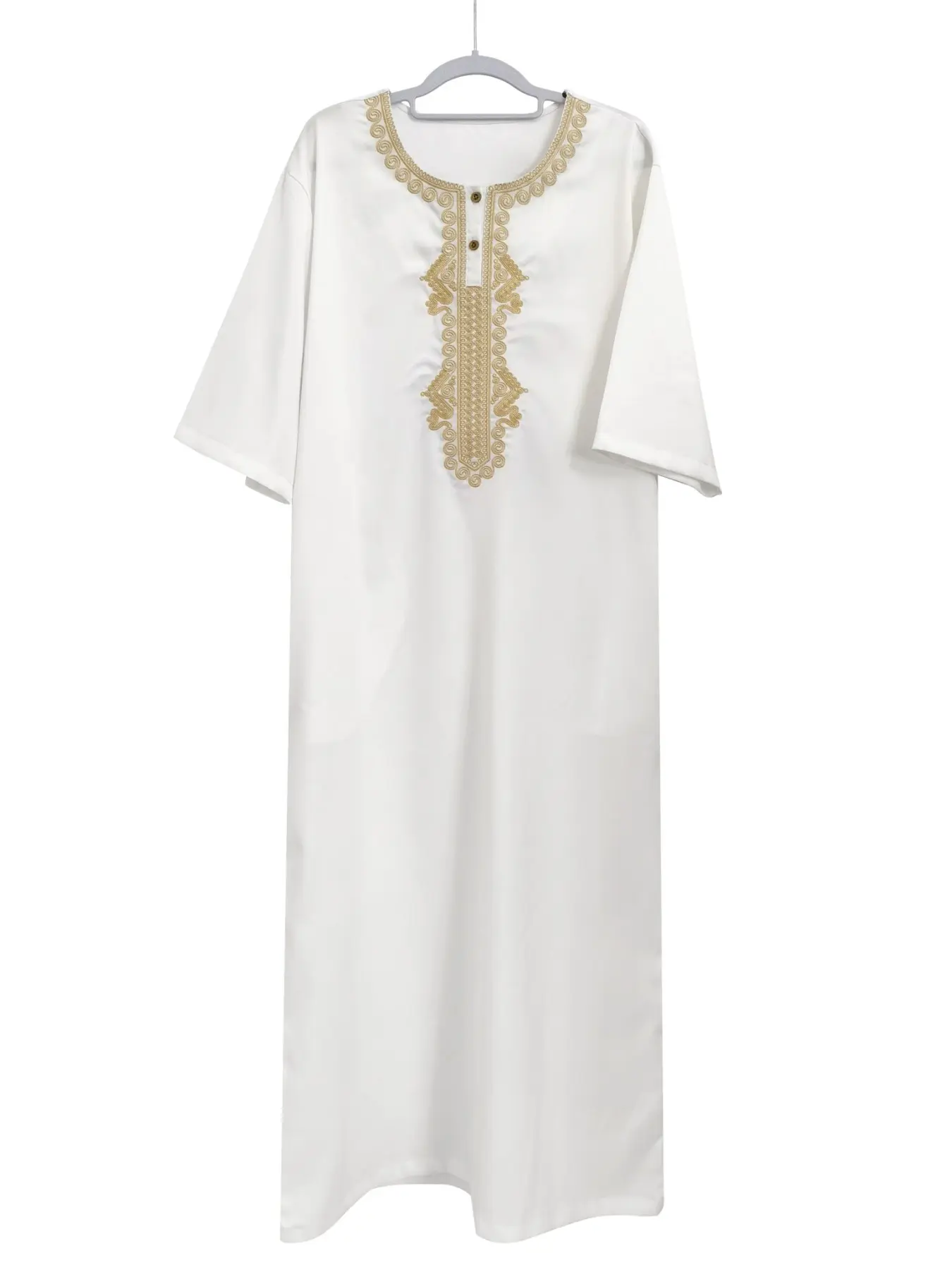 Men's Three-Quarter Sleeve Embroidered Arab Robe, Muslim Daily Prayer Jilbab, Ramadan Eid Festival
