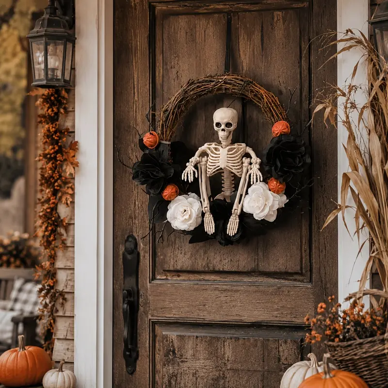Halloween Floral Door Wreath, Skull Bone Decorative Hanging Ornament with Orange Bells, Black White Front Door Decor for Porch, Fireplace, Wall and Seasonal Home Display, Fall Decor