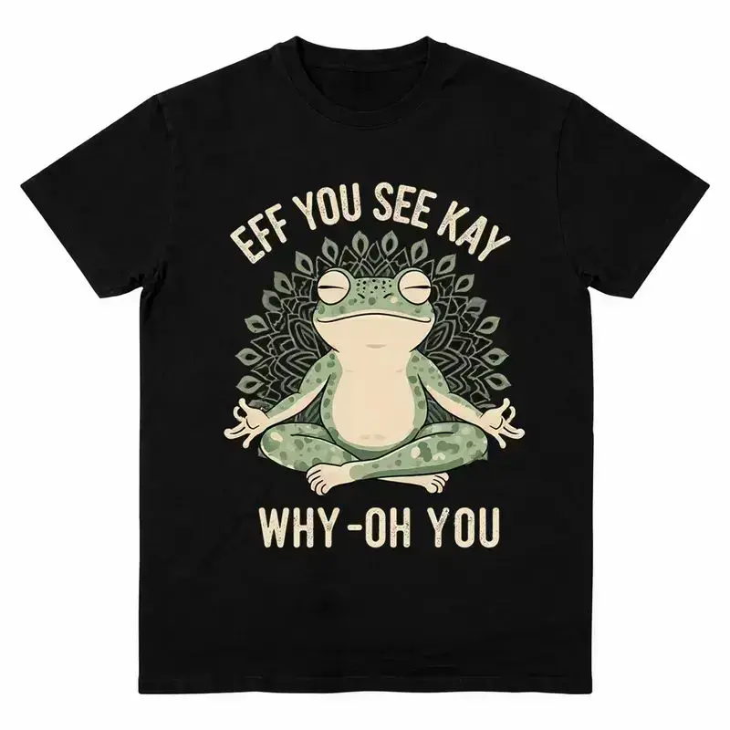 Funny EFF YOU SEE KAY Frog Meditation Distressed Graphic T-Shirt. Tee Design with Retro Cream Text and Green Mandala Art, Oversized tshirts for Men&Women