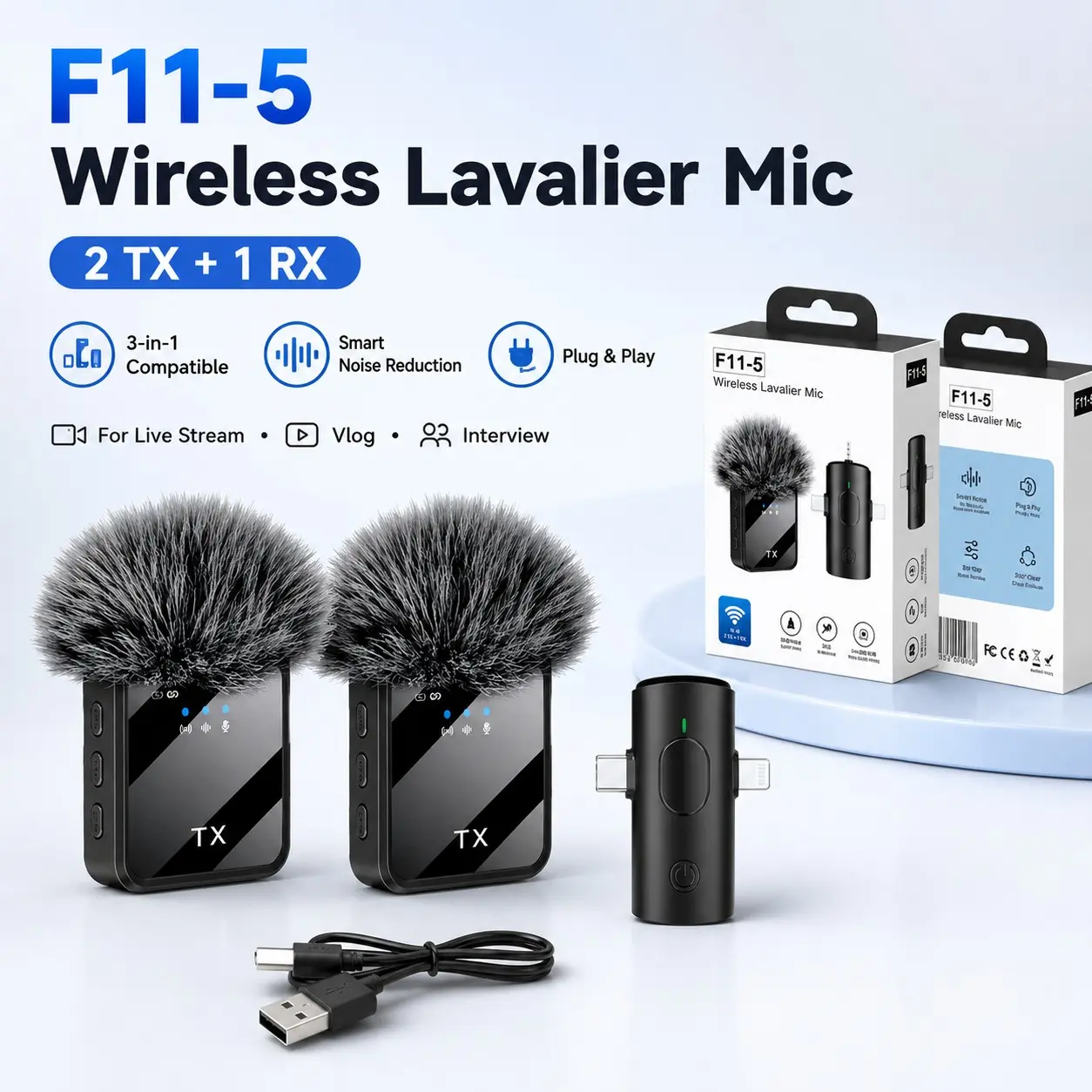 F11-5 Wireless Lavalier Microphone, Lapel Mic, 2-In-1 Clip-On Mic, Smart Noise Reduction, Noise Cancelling Mics, Ideal for Phone Live Streaming, Vlog, Video Recording