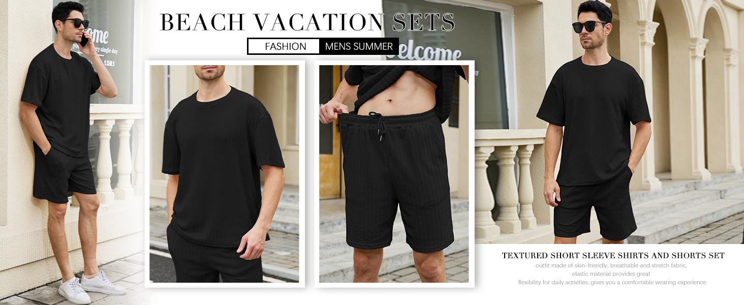 Gihuo Men's 2 Piece Outfits Textured Short Sleeve Shirts & Shorts Set Crewneck Black Elastic Waist Casual Summer Beachwear Comfortable Flexible Menswear Stretch Suits Sun Top Top