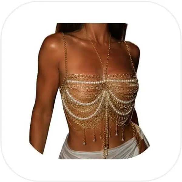 Pearl Body Chain Harness Top - Gold Plated Layered Link Chain Bra with Faux Pearls,Adjustable Bead Tassel Body Jewelry for Women Festival Rave Concert