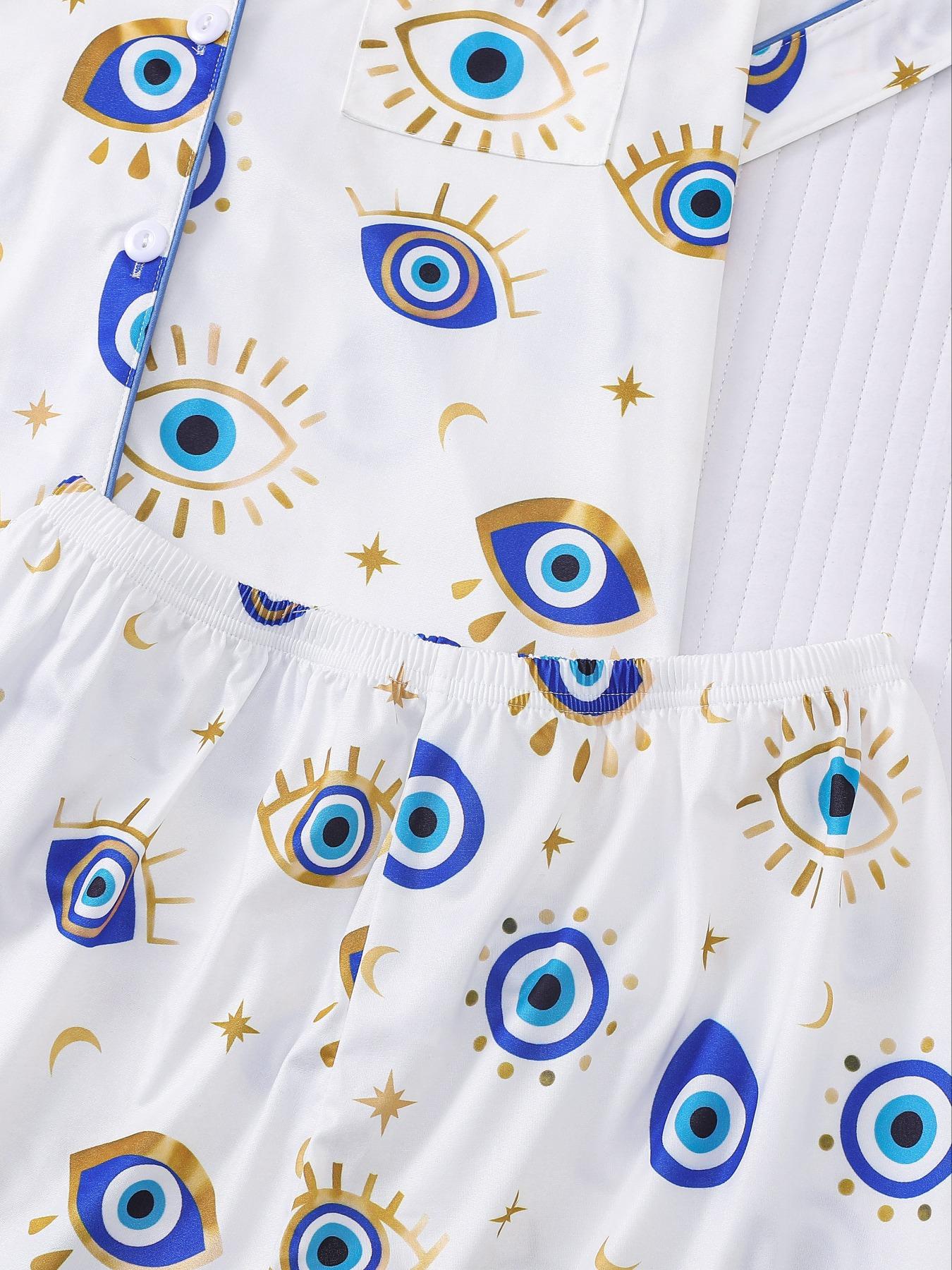 Women's All Over Cartoon Eye Print Short Sleeve Pajama Two-piece Set, Casual Comfy Button Front Chest Pocket Design Lapel Neck Top & Elastic Waist Shorts PJ Set, Ladies Sleepwear for All Seasons, Pajamas, Starlight Pajama Set
