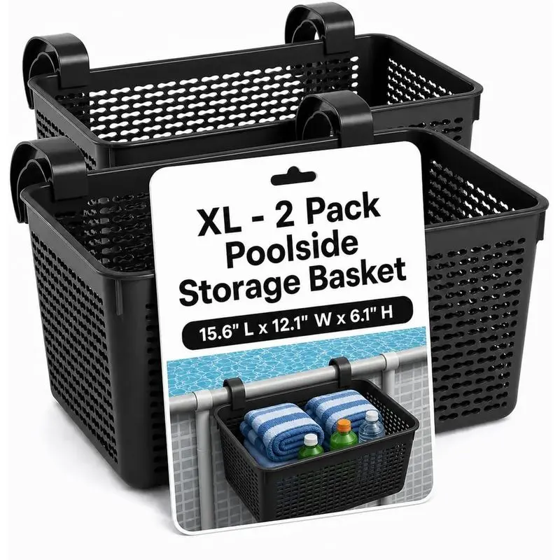 Black 2-Pack XL Recycled Poolside Storage Baskets - Home Organizer for Towels, Toys, Drinks, Sunscreen, Patio Use Accessories, Above Ground Pool Use