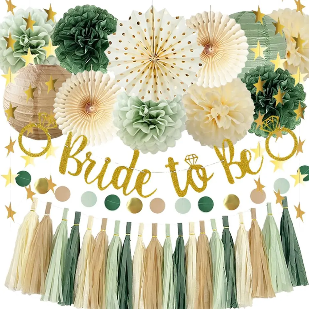 Olive Sage Green Bridal Shower Decor Set - Includes Bride-To-Be Banner, Paper Pom Poms, Paper Tassel Garlands, Multiple Items for Bachelorette Party Decor, Includes Banner
