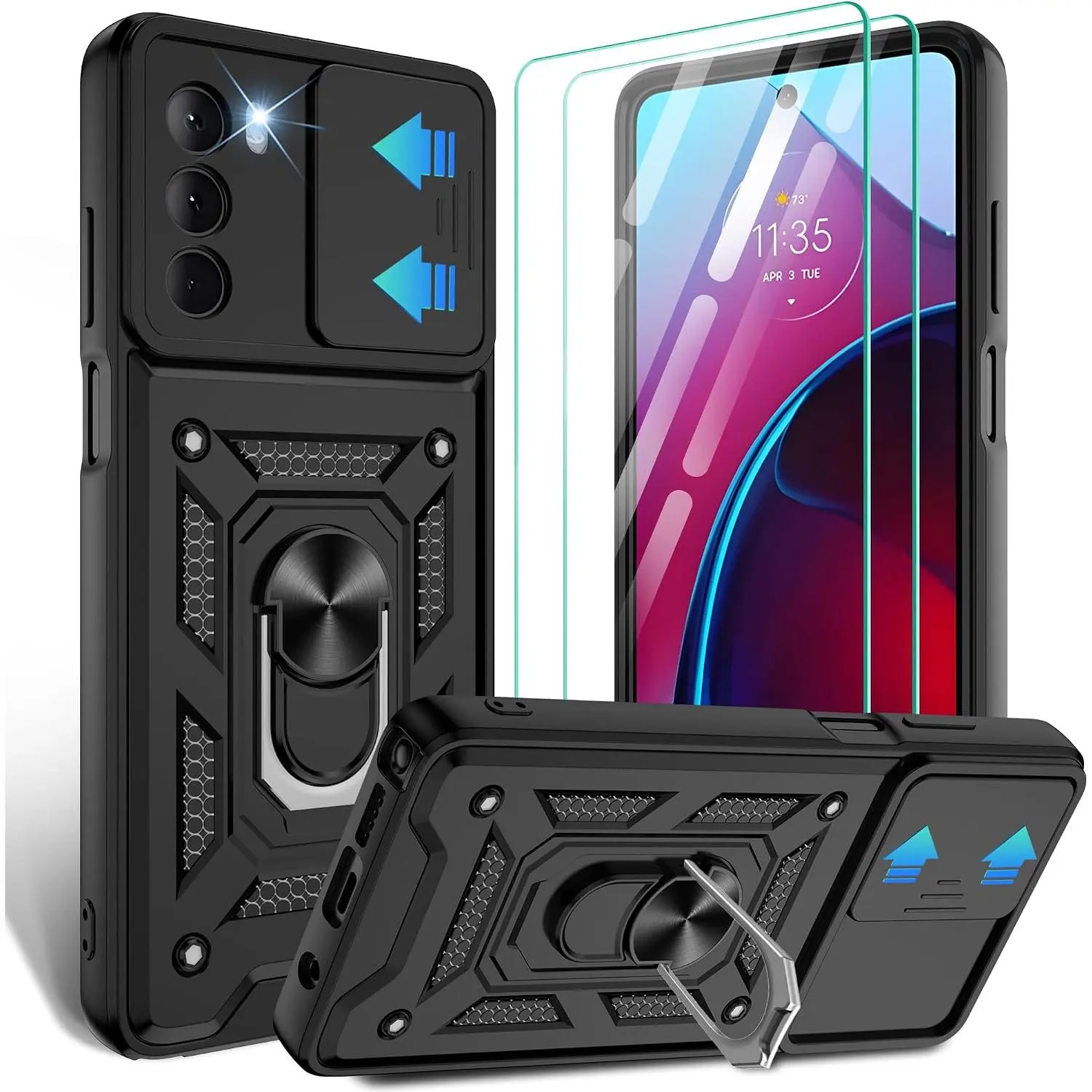 for Moto G Stylus 5G-2022 Case with Slide Camera Cover | 2-Pack HD Screen Protectors | 360° Rotating Metal Kickstand | MIL-Grade Shockproof Protection,Black
