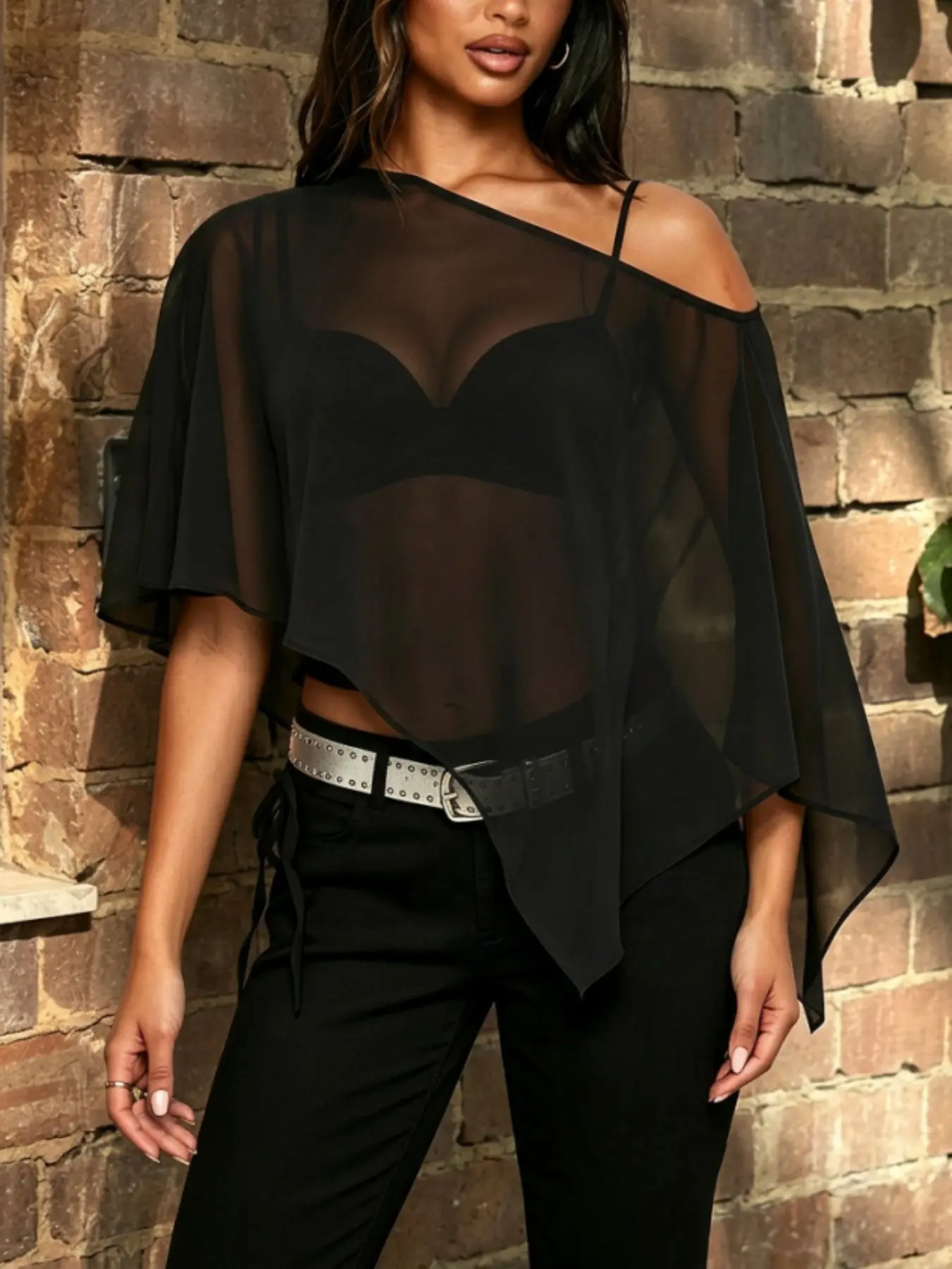 1 Piece Y2K One Cold Shoulder Sheer Mesh Cape Sleeve Crop Breathable Blouse, Asymmetric Irregular Uneven Hem Flowy See Through Layering Top