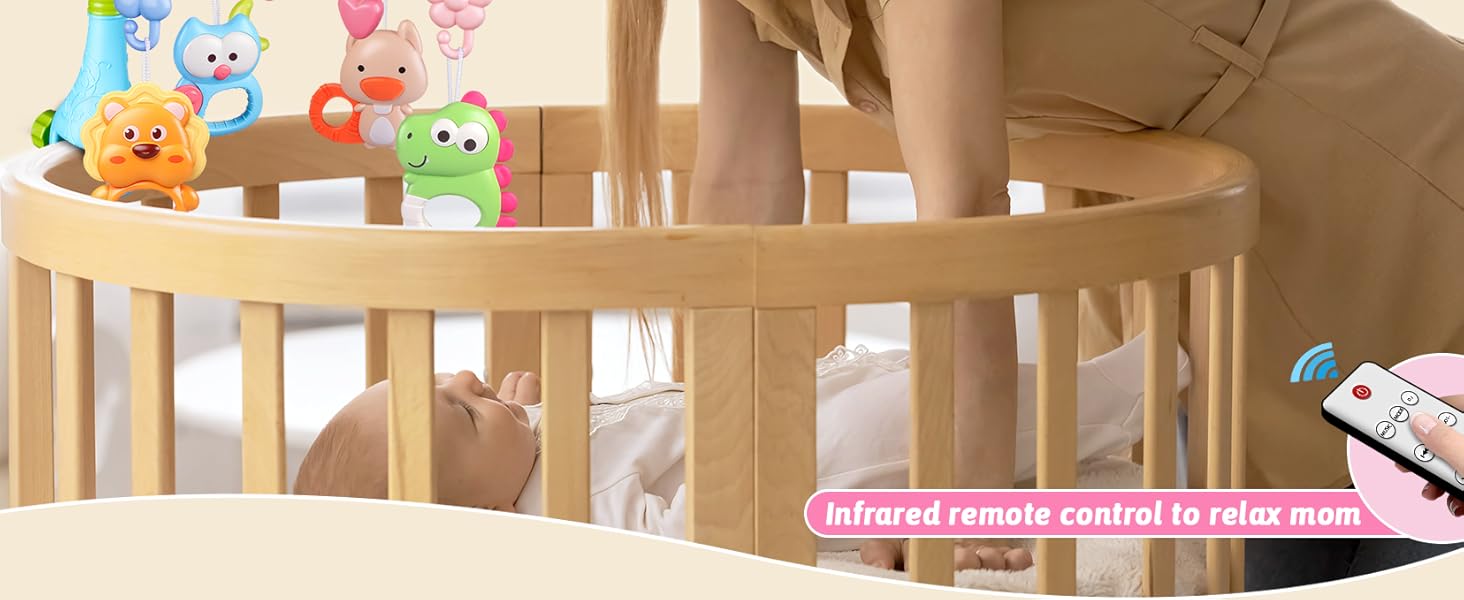 Crib Mobile with Music and Lights, Baby Mobiles for Cribs, Nursery Musical Mobile for Bassinets Toys Hanging Girls Boys, Pack and Play Space Portable Animal Mobile Hanger Arm Clip On Attachment