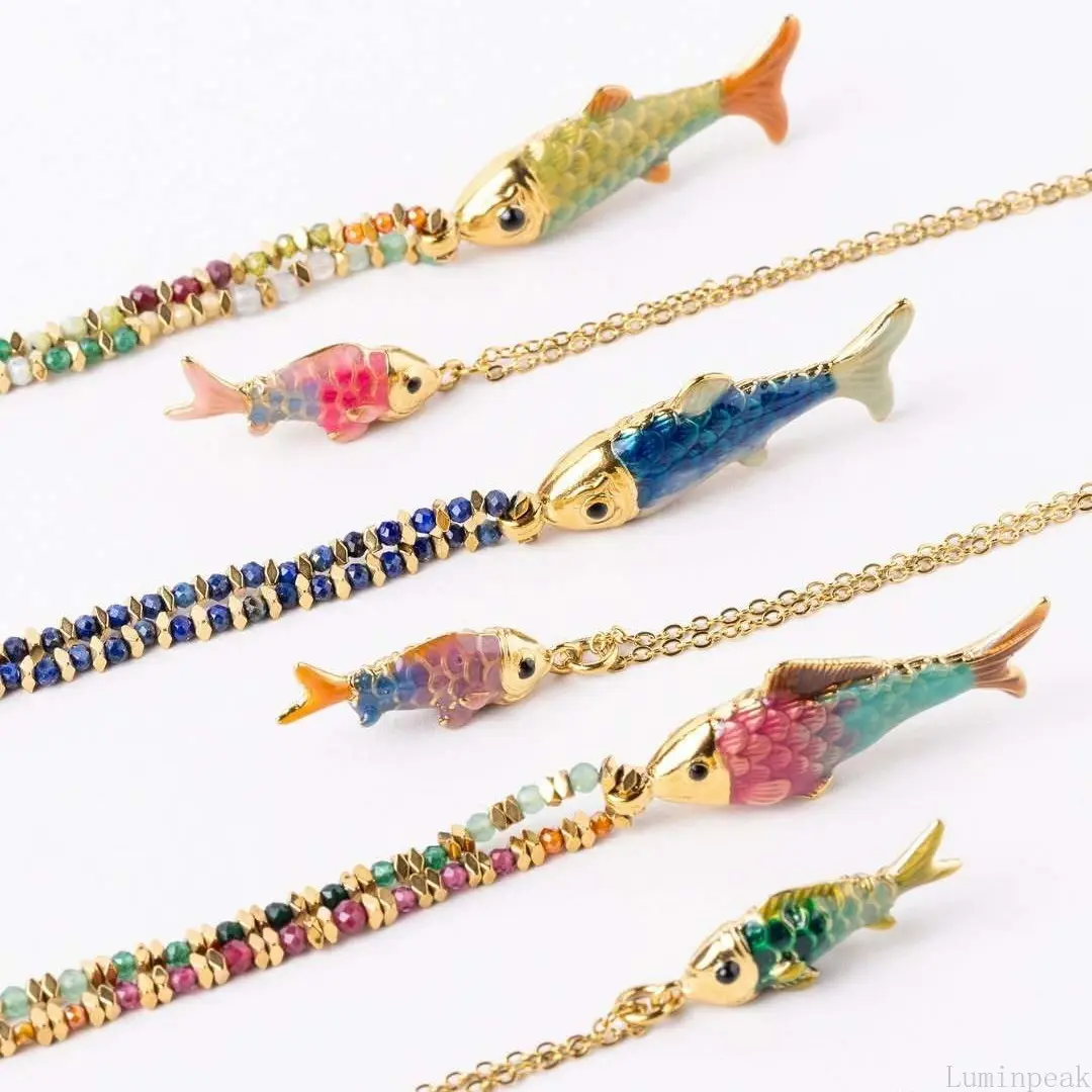 Ocean Fish Pendant Necklace on a Vibrant Color Cord, Copper Statement Jewelry for Women's Daily Casual Wear