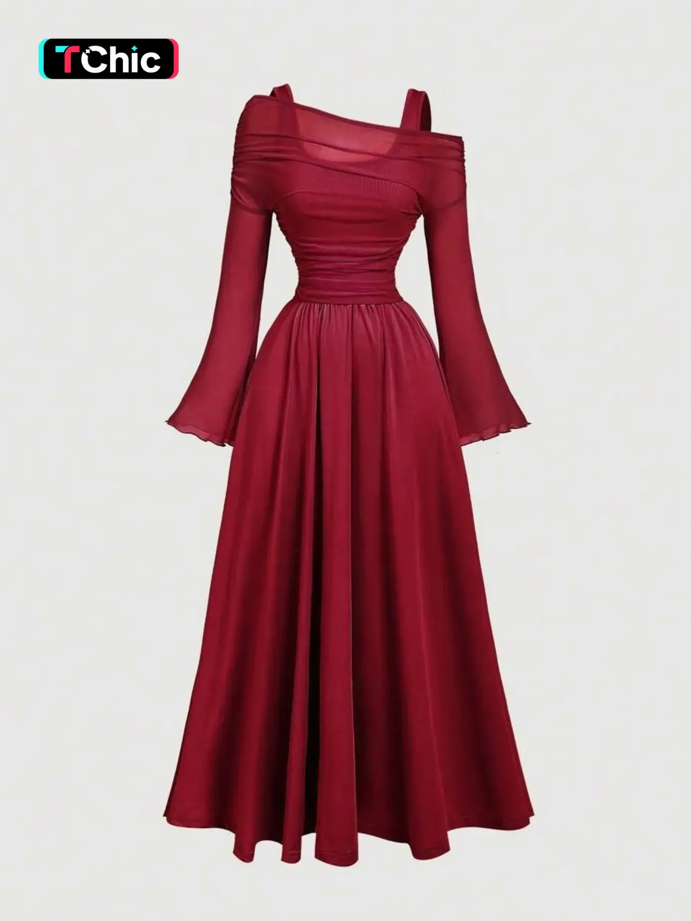 Burgundy Off-Shoulder Mesh Knit Two-Piece Set, Flared Sleeve Long-Sleeve Dress, Western Style, Retro, Fall & Winter Fashion