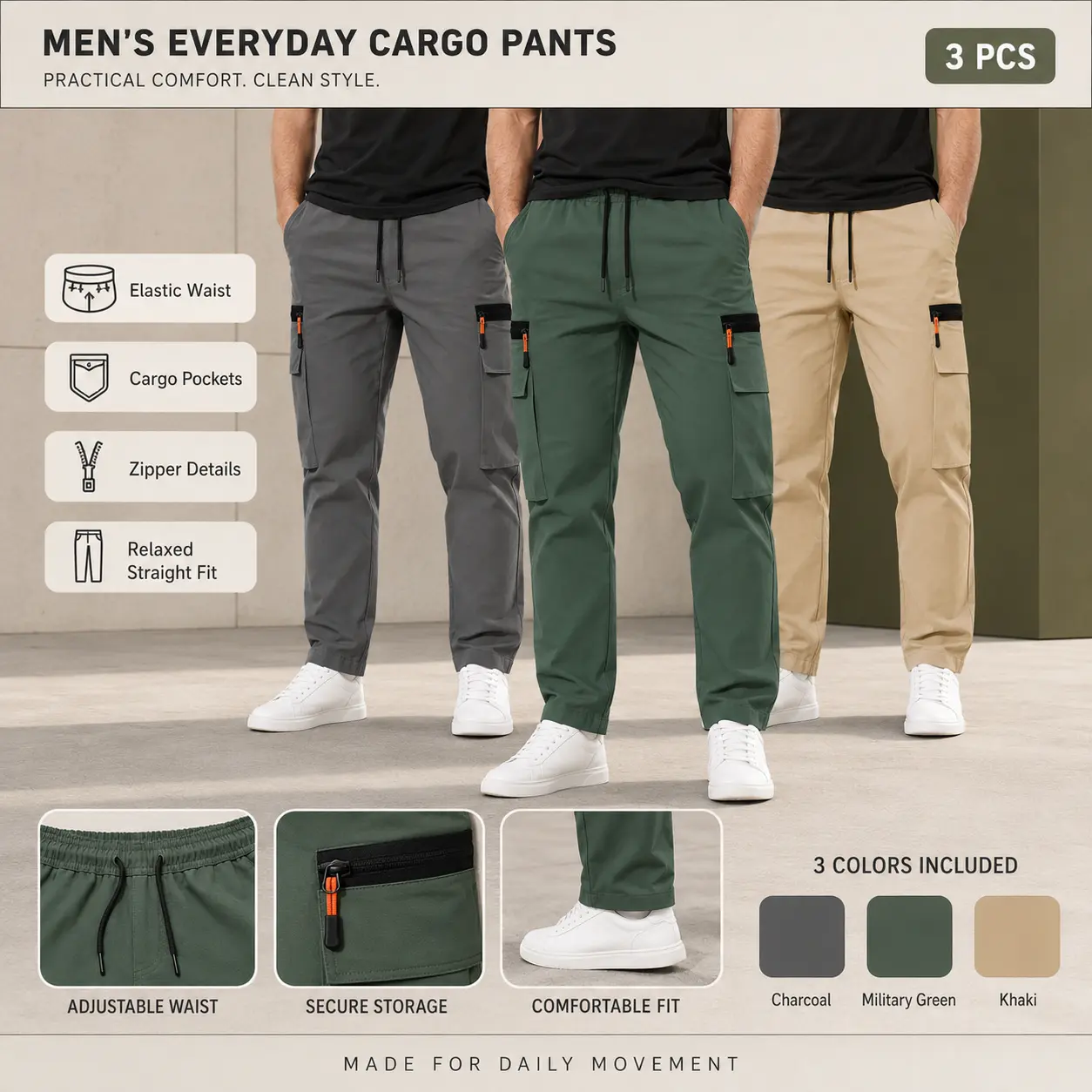 Men's Cargo Pants, Drawstring Elastic Waist Multi Pockets Outdoor Casual Trousers