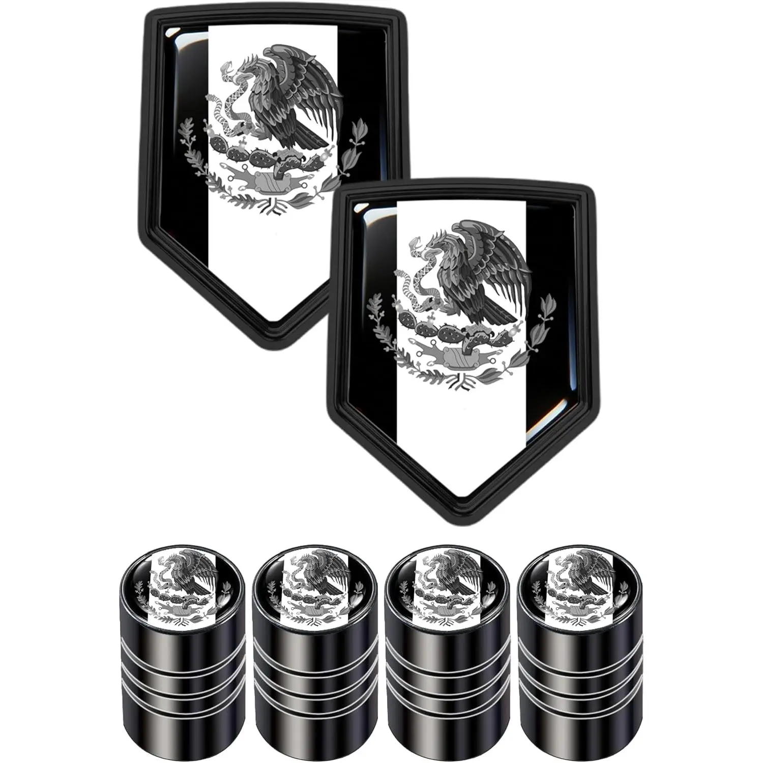 Mexico Flag Shield Decal + Caps Set (2-Pack Decals, 4-Pack Valve Stem Caps) - Glossy 3D Vehicle Decor, Full Color & Black White Styles, Easy-Install Automotive Exterior Accessories for Cars/SUVs/Moto