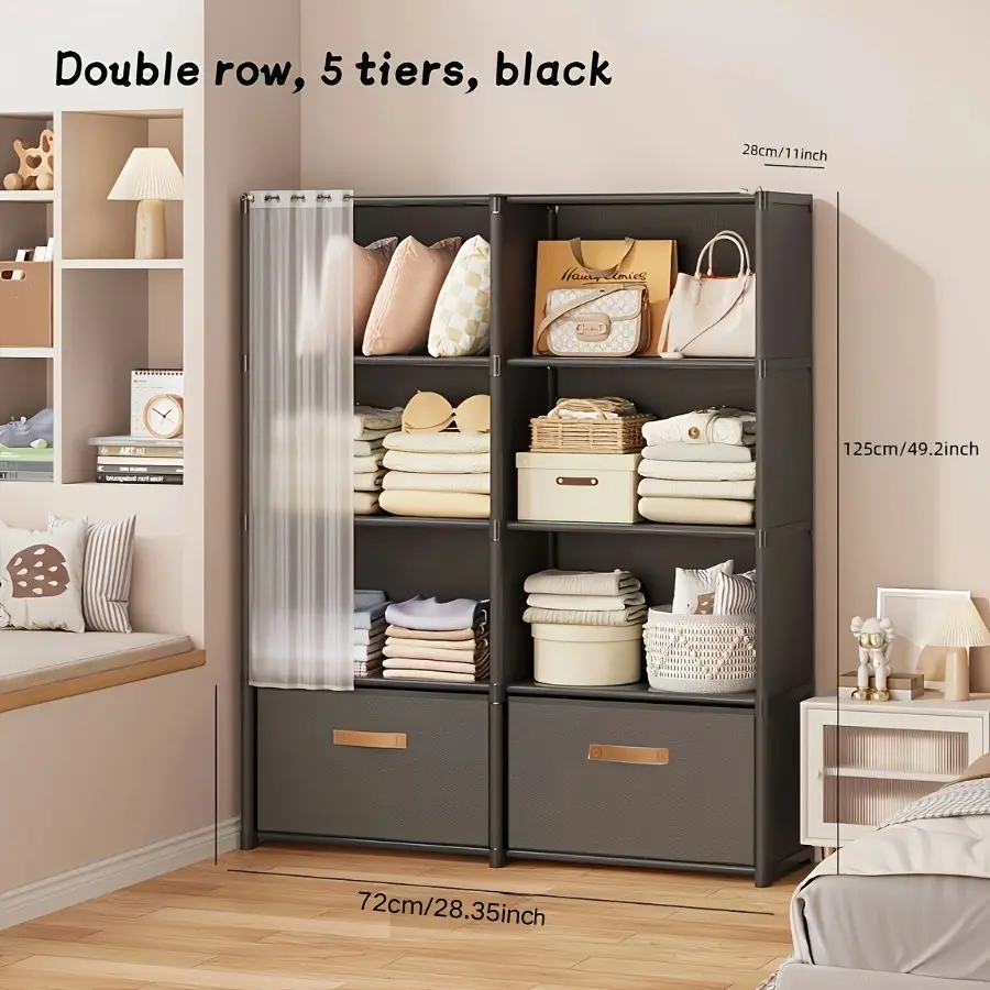 Two Sizes. Space-saving Foldable Wardrobe with Curtain, Multi-layer Drawer Storage. Bedroom Rack for Small Apartments., Mounted Closet Systems