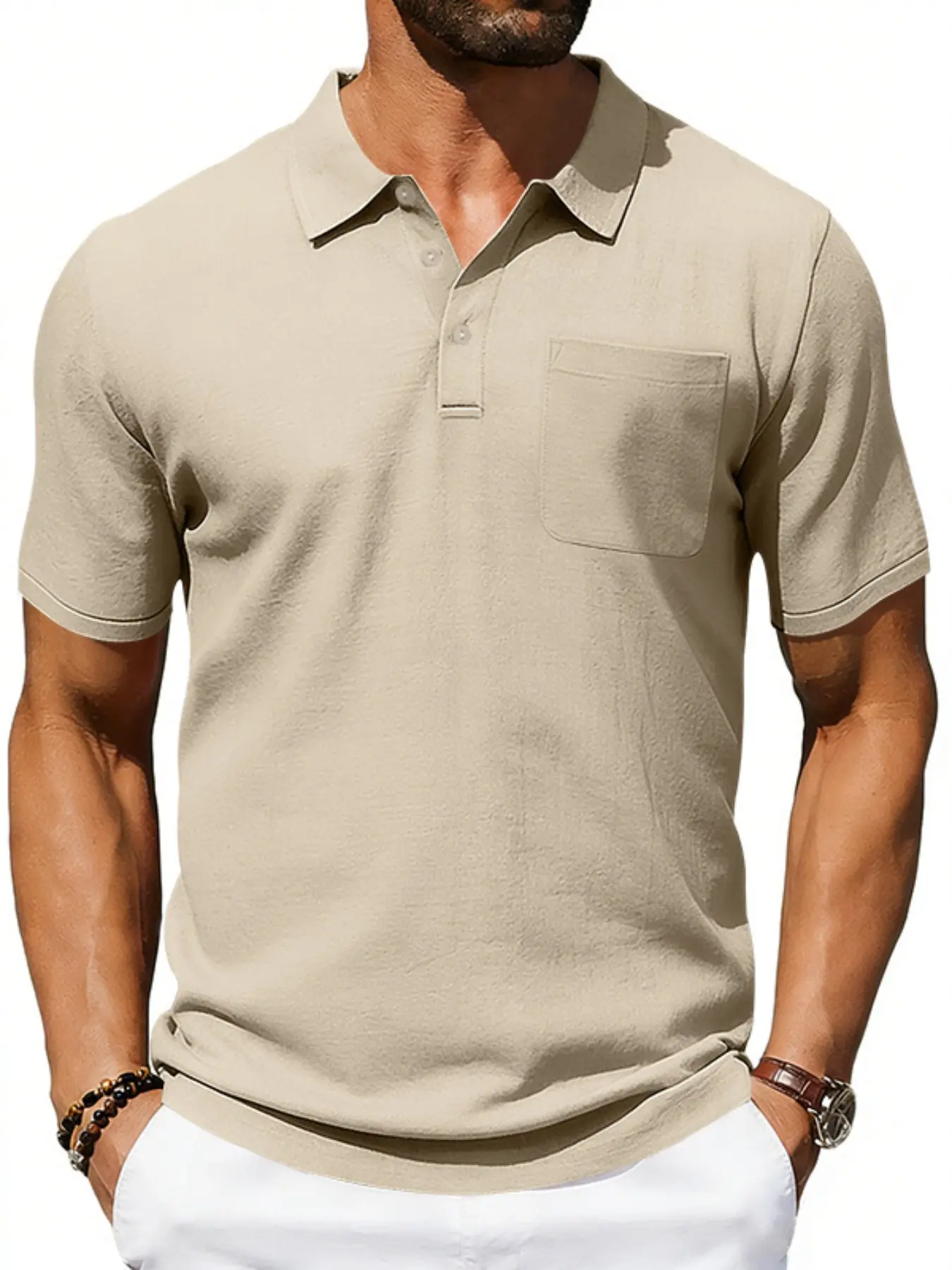 Men's Summer Loose Fit Linen Classic Buttoned Polo Shirt, Single Chest Pocket Button Front, Breathable Fabric, Casual Short Sleeve Top for Business & Leisure