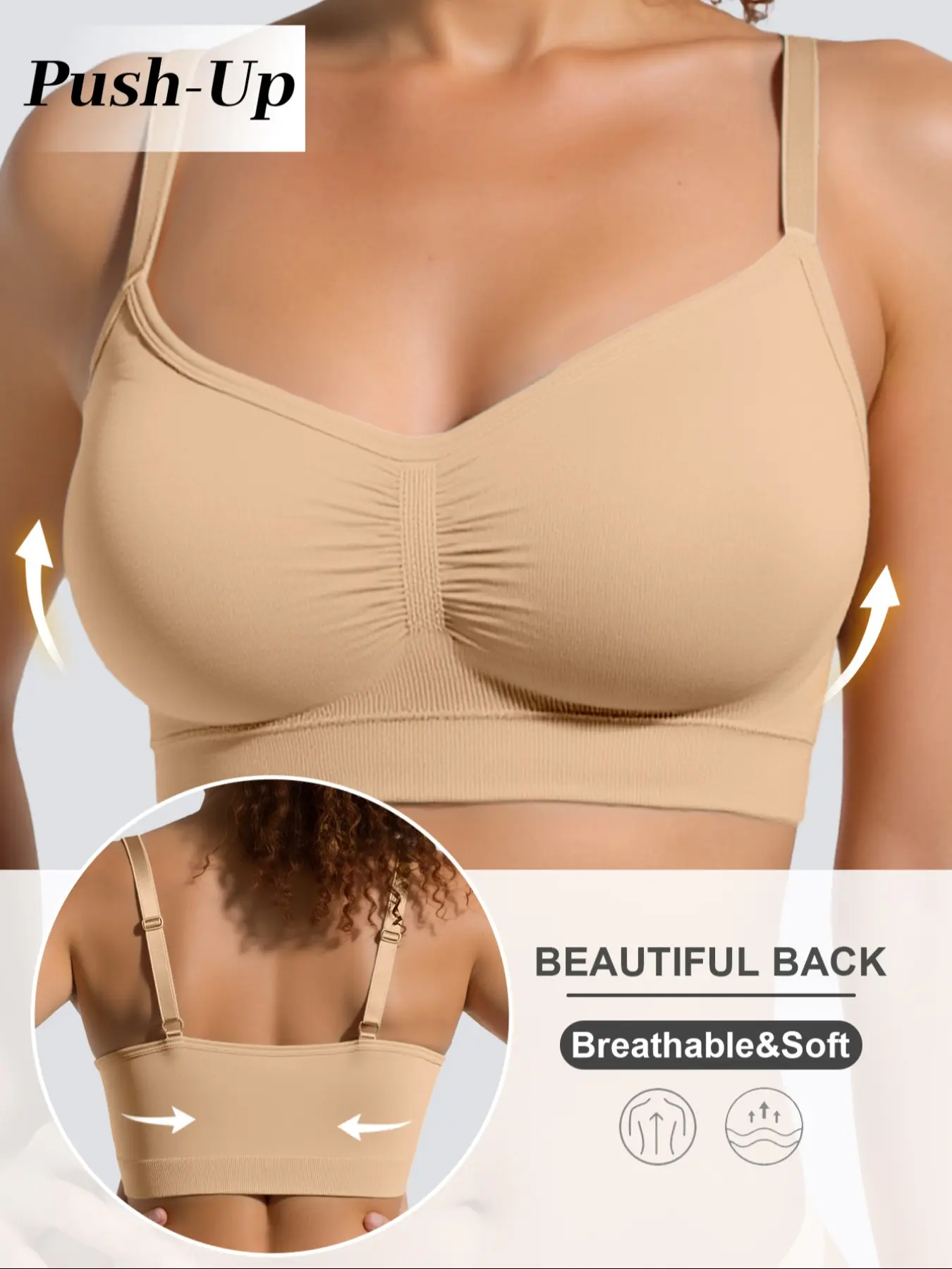 Wireless Seamless Sculpting V Neck Bra, Wireless No Underwire, Front Gathered Ruched Design, Side Boob Control, Smooth Back Panel, Skin Friendly Invisible Everyday Lingerie