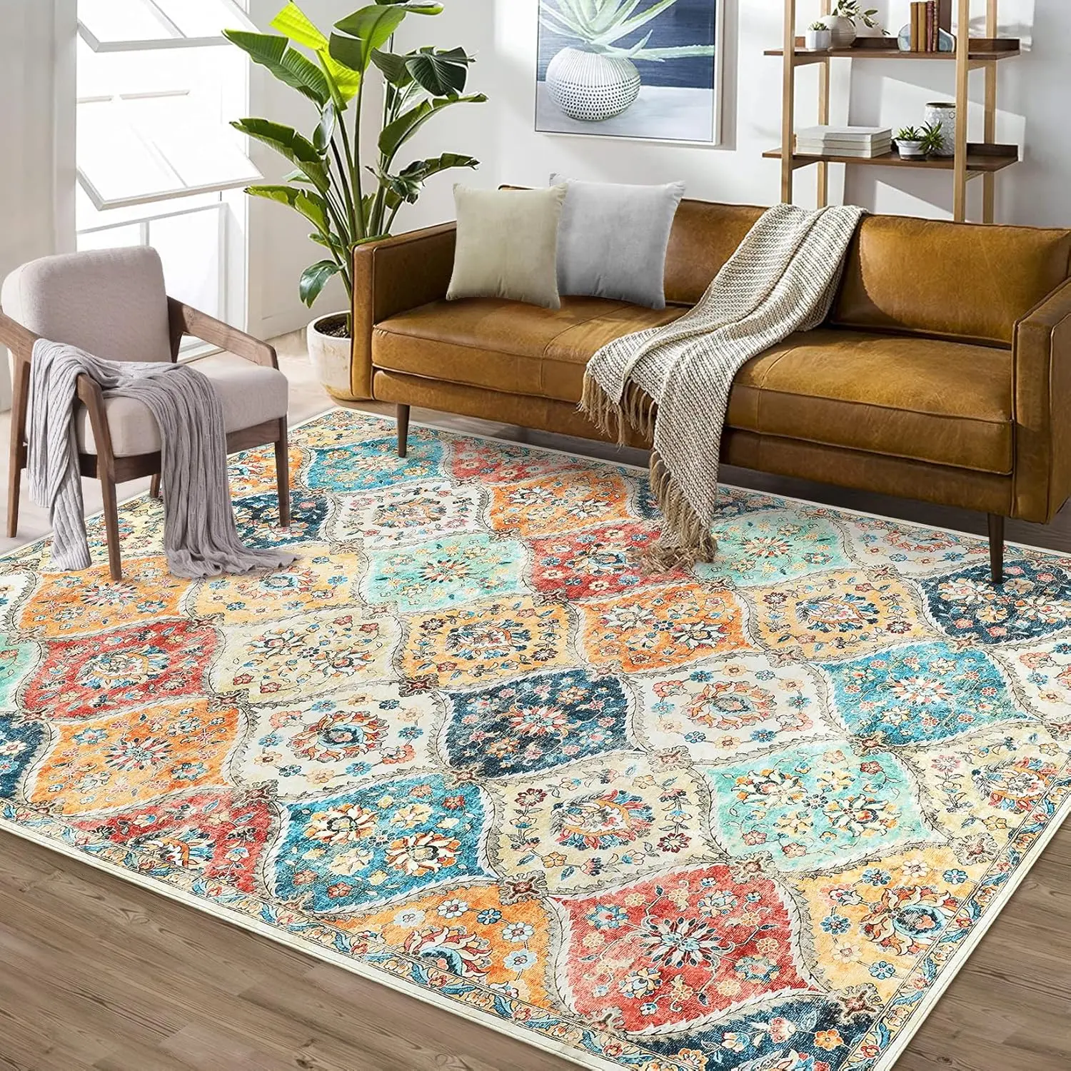 Gaomon Area Rug Moroccan Trellis Machine Washable Rug Vintage Medallion Distressed Carpet Stain Resistant Non-Slip Accent Rug Coffee Table Floor Cover Farmhouse Dining Bedroom Decor