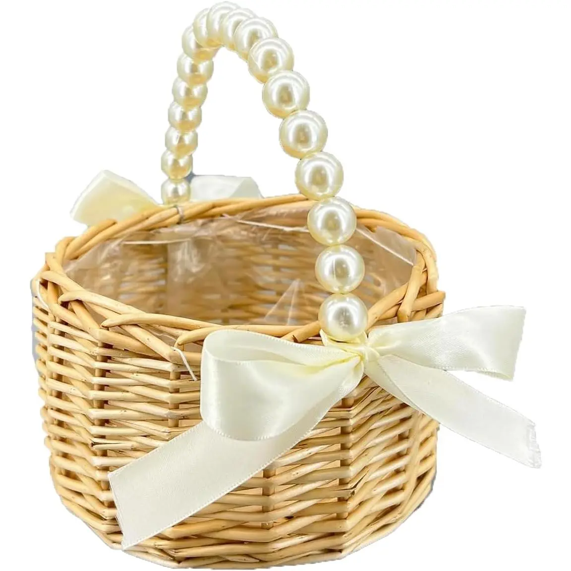 Wicker Rattan Flower Girl Basket with Bows,Pearl Handle Flower Basket,Wedding Flower Girl Basket and Home Decorations. (1)