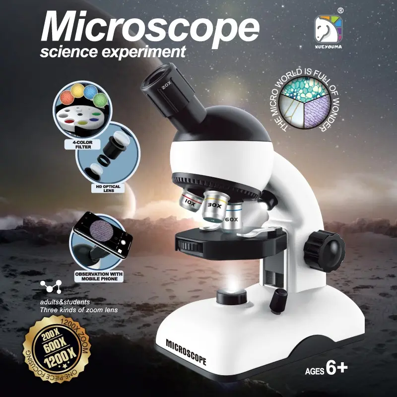 Professional Optical Microscope 200-1200x, Adjustable Triple Objective, Dual Light Source, Phone Imaging, Stem Educational Toy