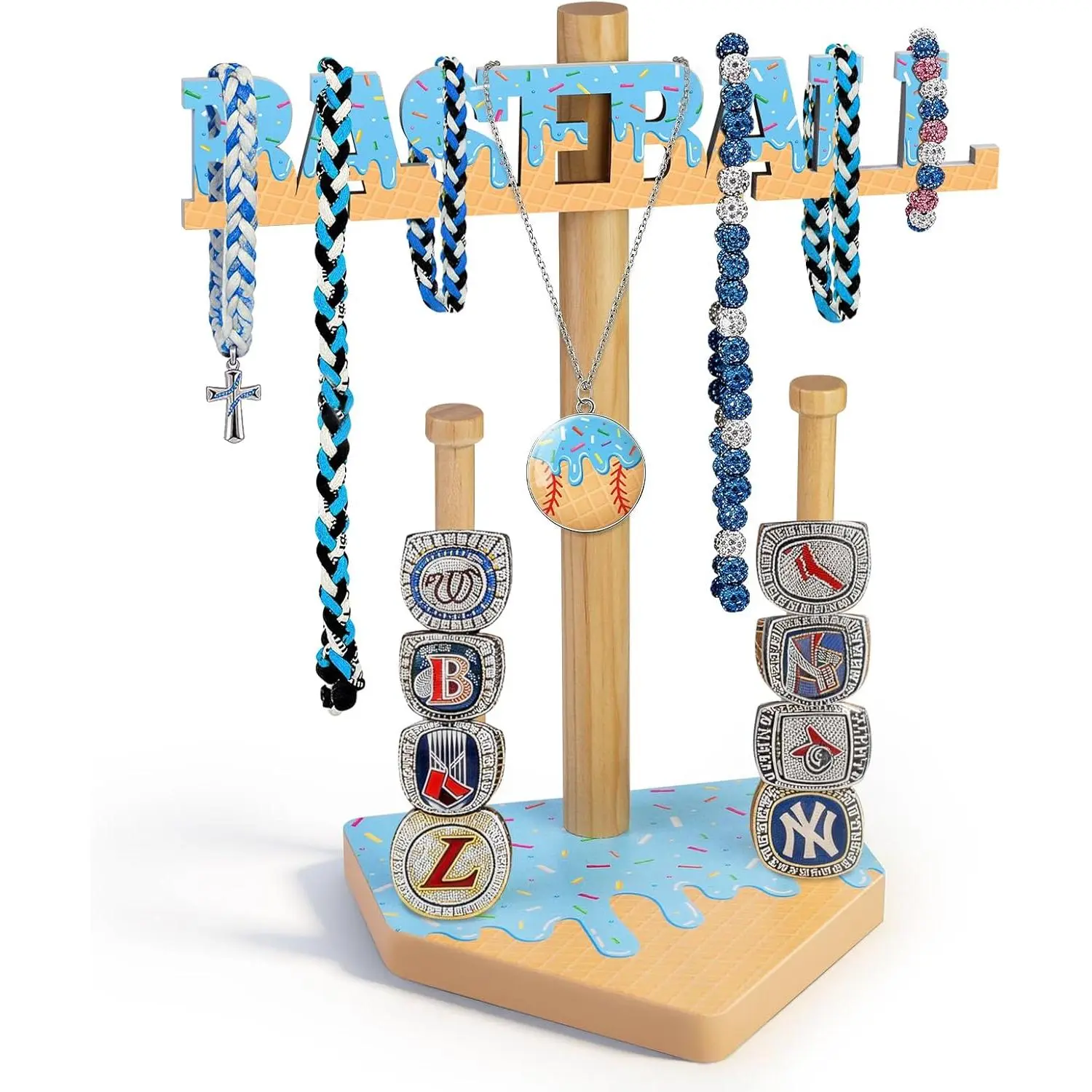 Baseball Ice cream Drip Necklace Holder, Wooden Magnetic BASEBALL Letter Sign, Championship Ring Holder and Jewelry Organizer, Sports Decor Gift for Players, Coaches, Baseball Moms and Fans
