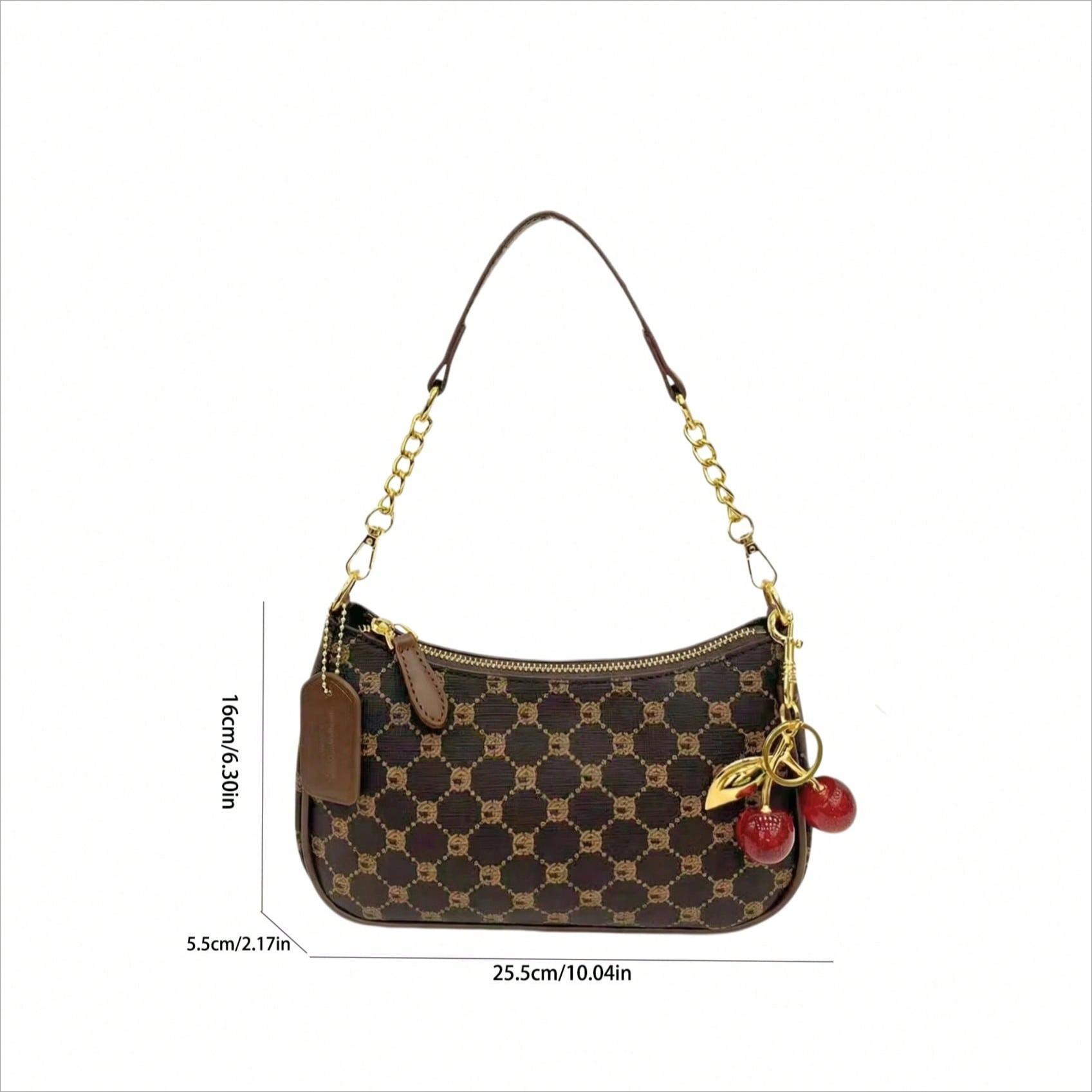New Fashion Classic Shoulder Bag Versatile PU Waterproof Fabric Letter Pattern Decorative Design Handbag, Solid Color One-Shoulder Crescent Bag Women's Wallet Bag With Cherry Pendant Decoration, Elegant Commuter Bag, Suitable For Shopping, Party