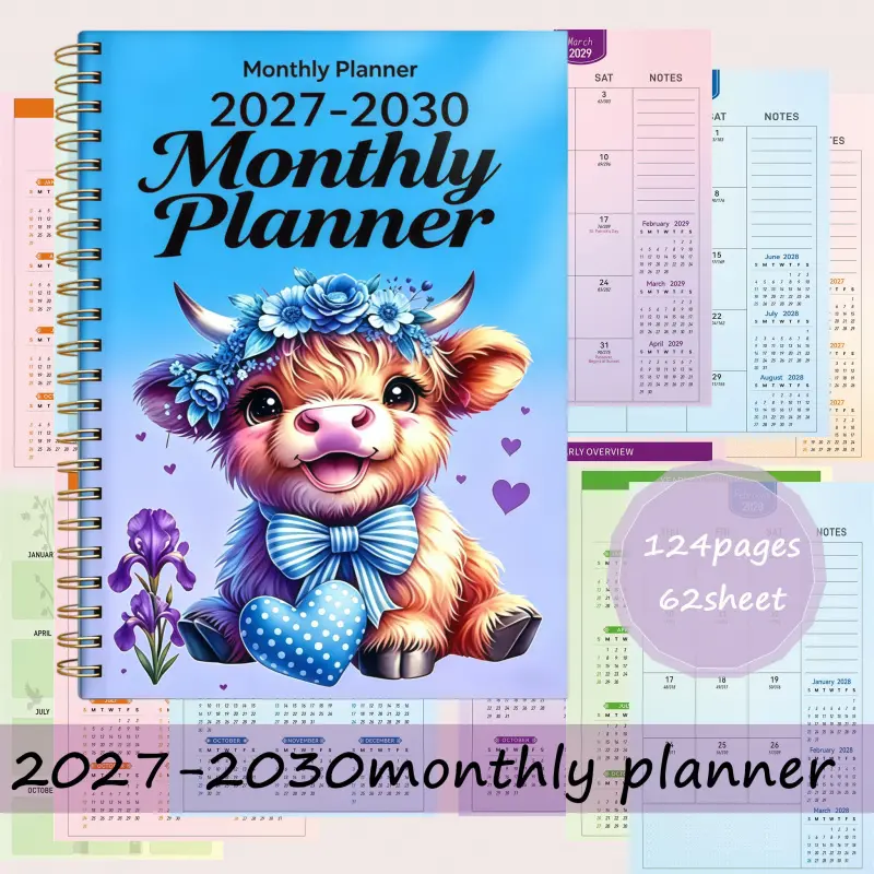 2027-2030 monthly planner, Calendar Planner, A5 size with 124 pages of high-quality paper, gradient inner pages, blue-purple Highland cow floral themed cover notebook
