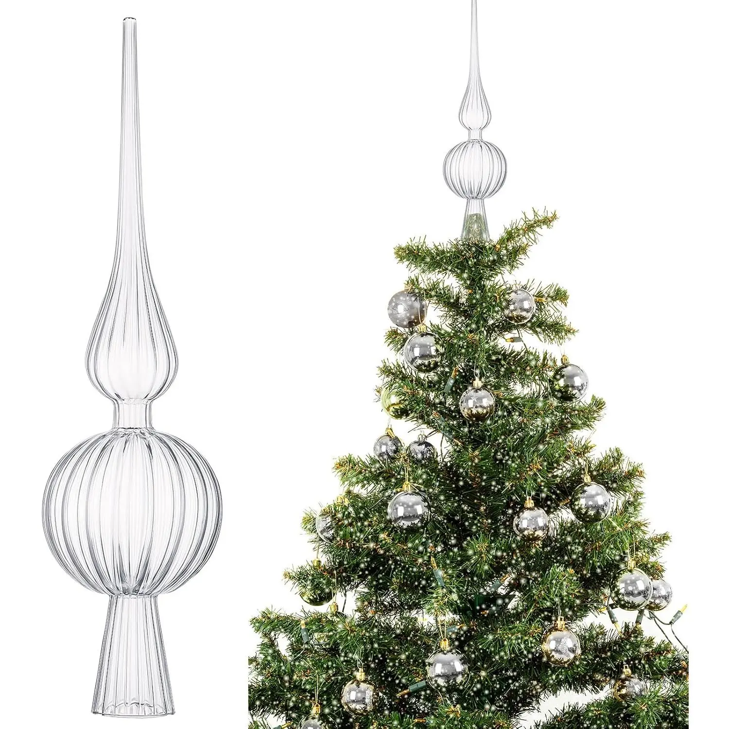 12" Mercury Glass Christmas Tree Topper,Classic,Transparent |  Finial Tree Topper, Spherical Shaped, Mid Century Christmas Ornament, Tool-free Installation, for Xmas Party Decor
