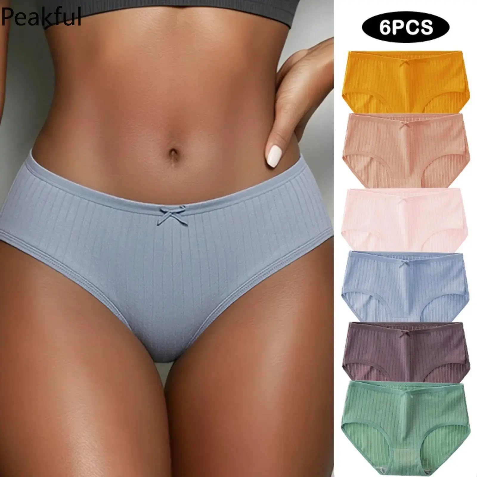 6Pcs Morandi Solid Color Ribbed Panties for Women, Low Rise Seamless Edge Stretchy Cotton Briefs with Soft Breathable Fabric, Comfortable Multipack Hipster Underwear for Gym & Daily