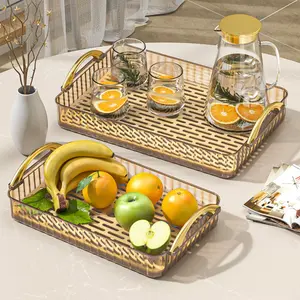 Double Layer Detachable Drainage Tray with Golden Handle, Clear Plastic Rectangular Serving Tray, Multipurpose Tea Cup Fruit Storage Organizer for Kitchen Countertop Bathroom Vanity