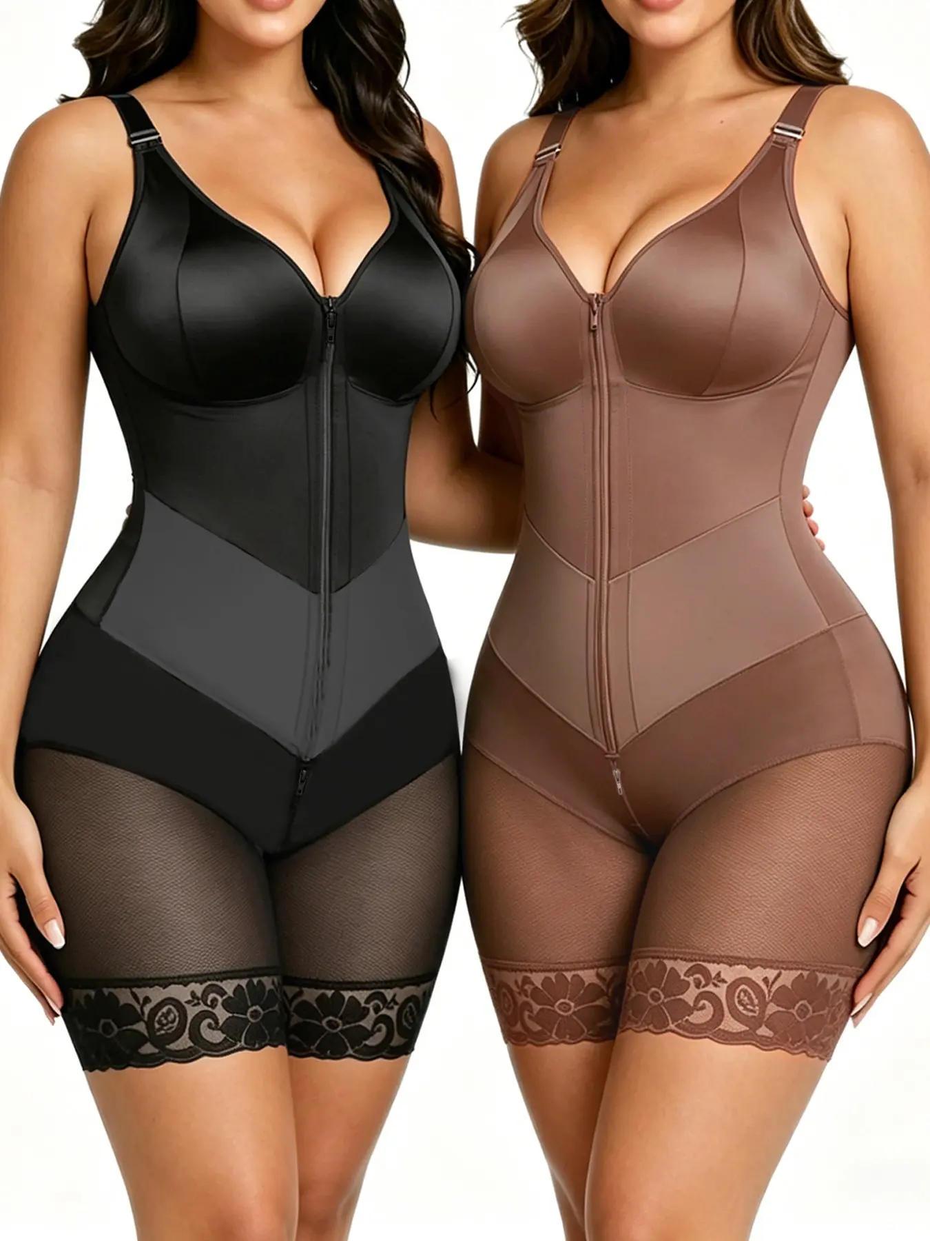 Women 2-Pack High Compression Underwear Body Shaper, Front Zipper Tummy Control, Butt Lifting, Lace Edge, Thigh Slimming, Adjustable Strap Shapewear
