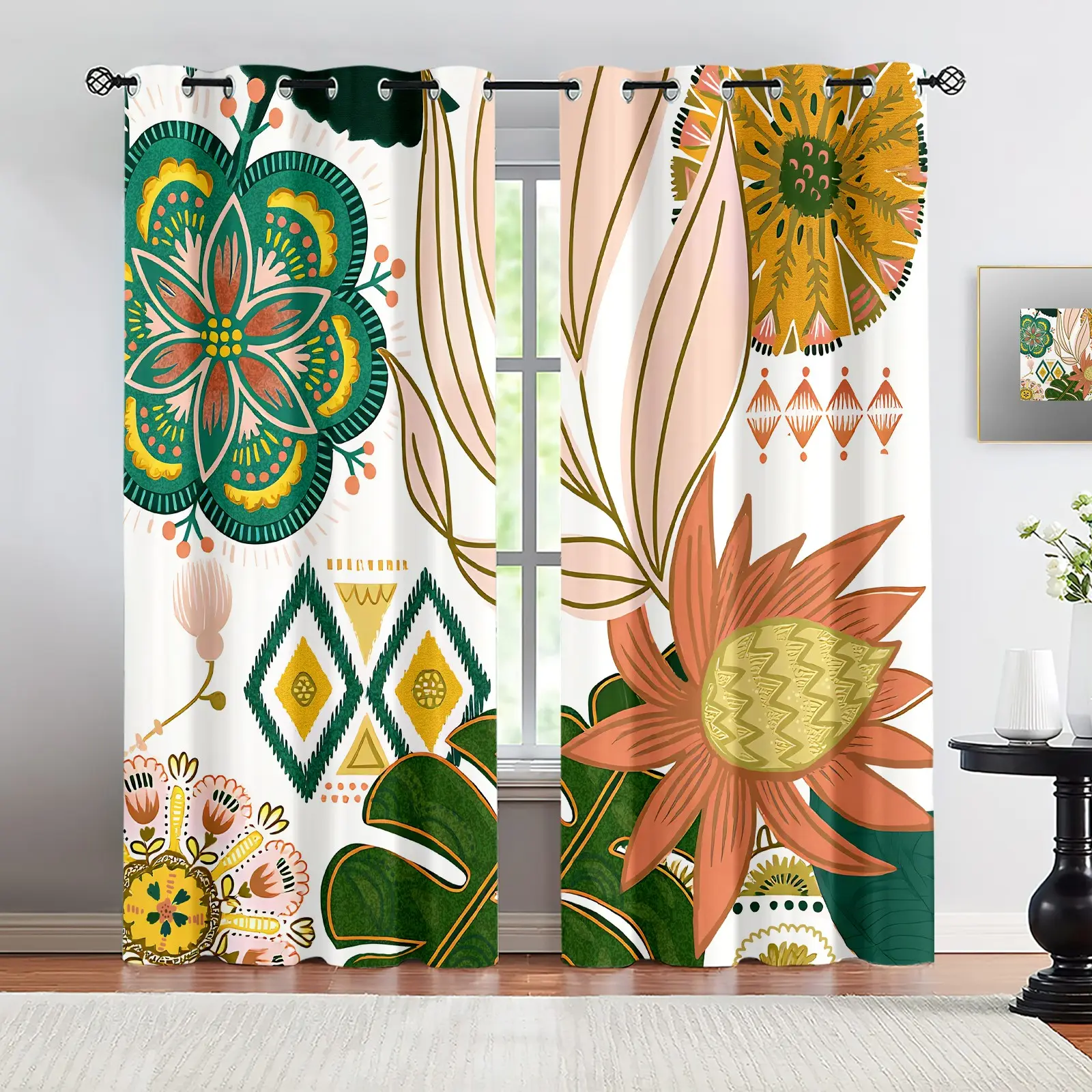 2 Panels Bohemian Floral Blackout Curtains, Ethnic Tropical Flower & Monstera Pattern, No-Hook Washable Fabric, Light Blocking Window Drapes for Bedroom Living Room Decor, Boho Themed Home Gift