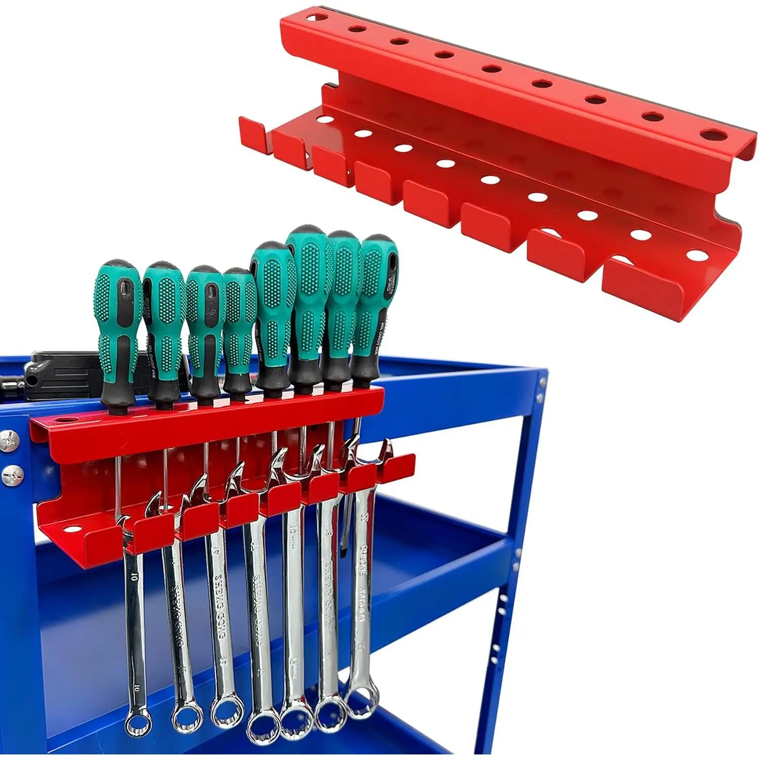 Wrench Holder Heavy Duty,Anti-scratch  Mount  Holders, 2 Layers Wrench Screw Drivers Holder for Work Bench Toolbox Tool Cart,1PCS,Red,9 Holes and 7 Slots