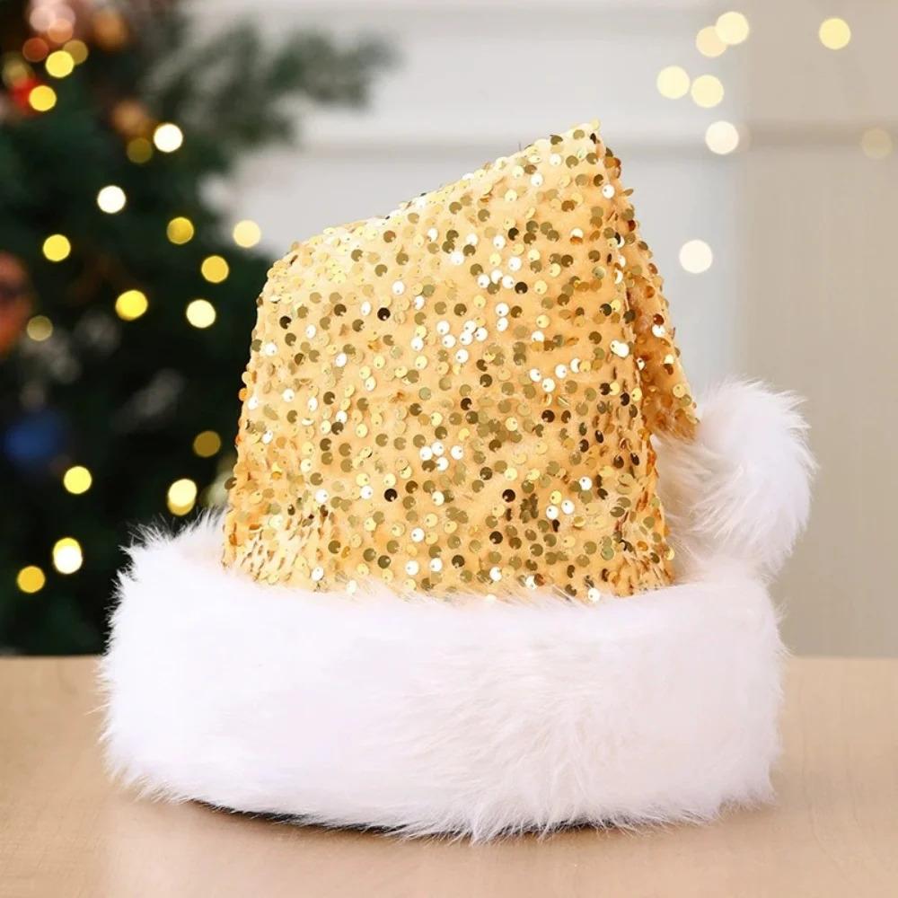 Sequin Christmas Hat Plush Solid Color Sparkle Santa Claus Hat with Long Fluffy Pompom For Adult Kids Christmas Party Decoration