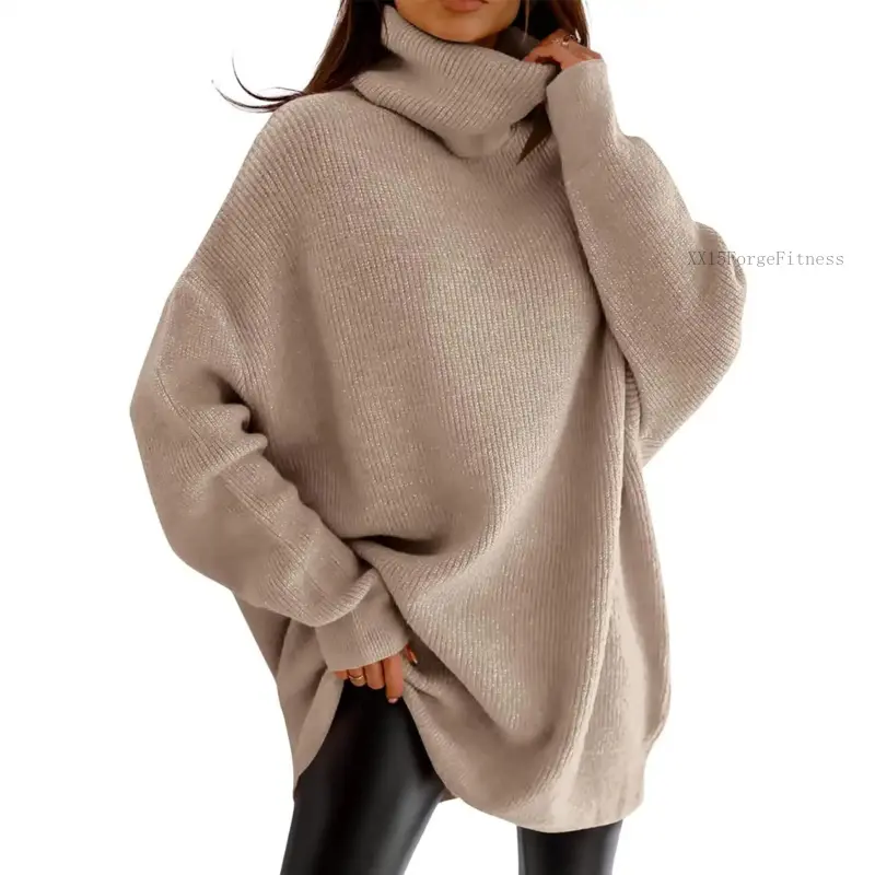 Women's Jumper - Oversized Turtleneck Pullover with Batwing Long Sleeve, Casual Chunky Knit Fall Clothes, Baggy, Sweater, TopXX15ForgeFitness