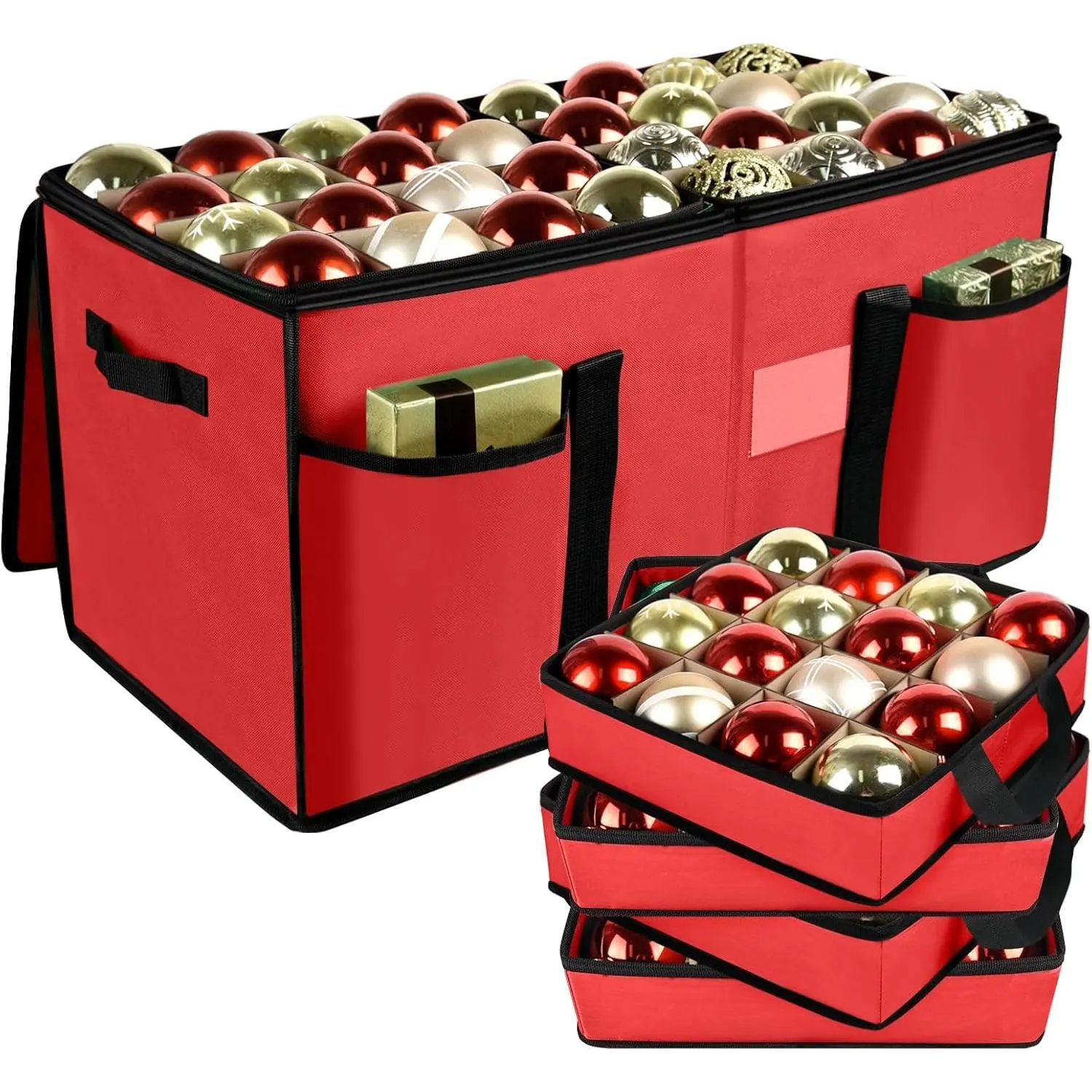 Christmas Ornament Storage Box with Dividers, Holds 128 Balls, Red | 600D Oxford Fabric, Adjustable Dividers, Removable Trays, Dual Zippers, Reinforced Handles