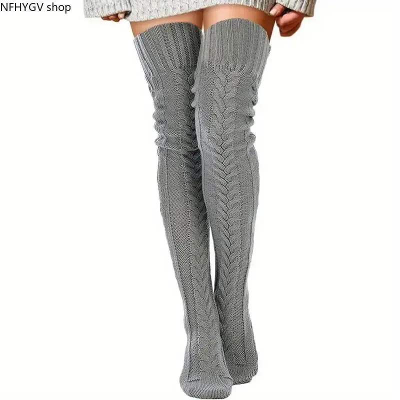 Women's Extra-Long Fleece Thigh-High Socks, Soft Acrylic Cold-Resistant Ribbed Plain Pattern Stockings, Non-Slip Thermal Accessory To Pair With Boots, Dresses And Pants For Cold Weather Wear