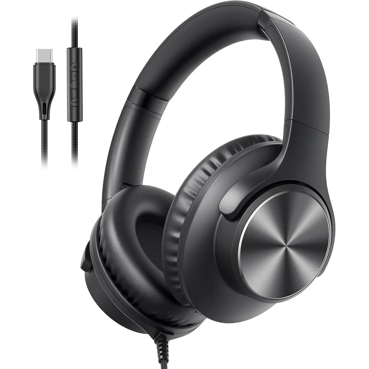 Black Corded Wired Audio Headset - Durable Over-Ear Audio Devices with Mic, USB-C Plug, Stereo Sound, Electronic Controls (Volume, Playback), Adjustable Foldable Design, 90° Swivel Ear Cups, 4.9ft Cord, Noise Reduction for School, Travel