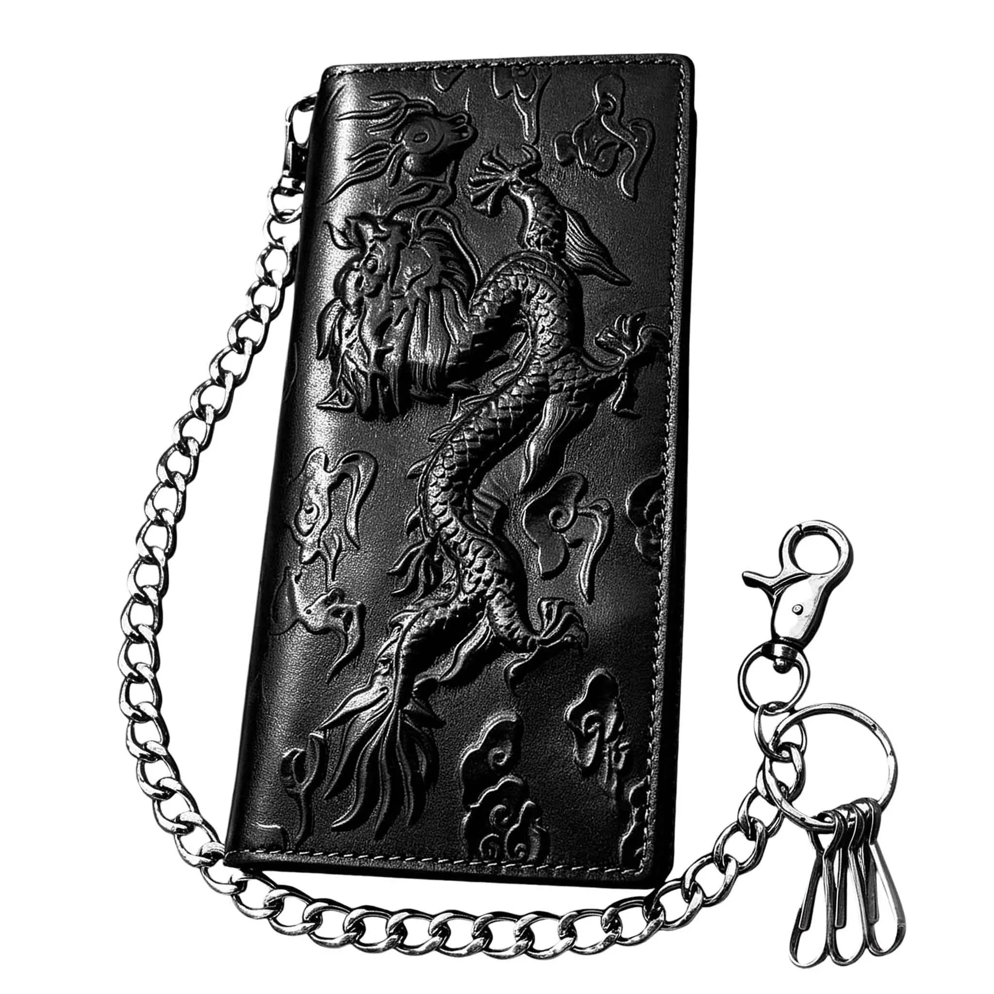 Men's Genuine Retro Zip Embossed Dragon Leather Long Wallet - Biker Chain Wallet with 1 ID Window, 11 Card Slots, Multi-Function Design, Men's Wallet
