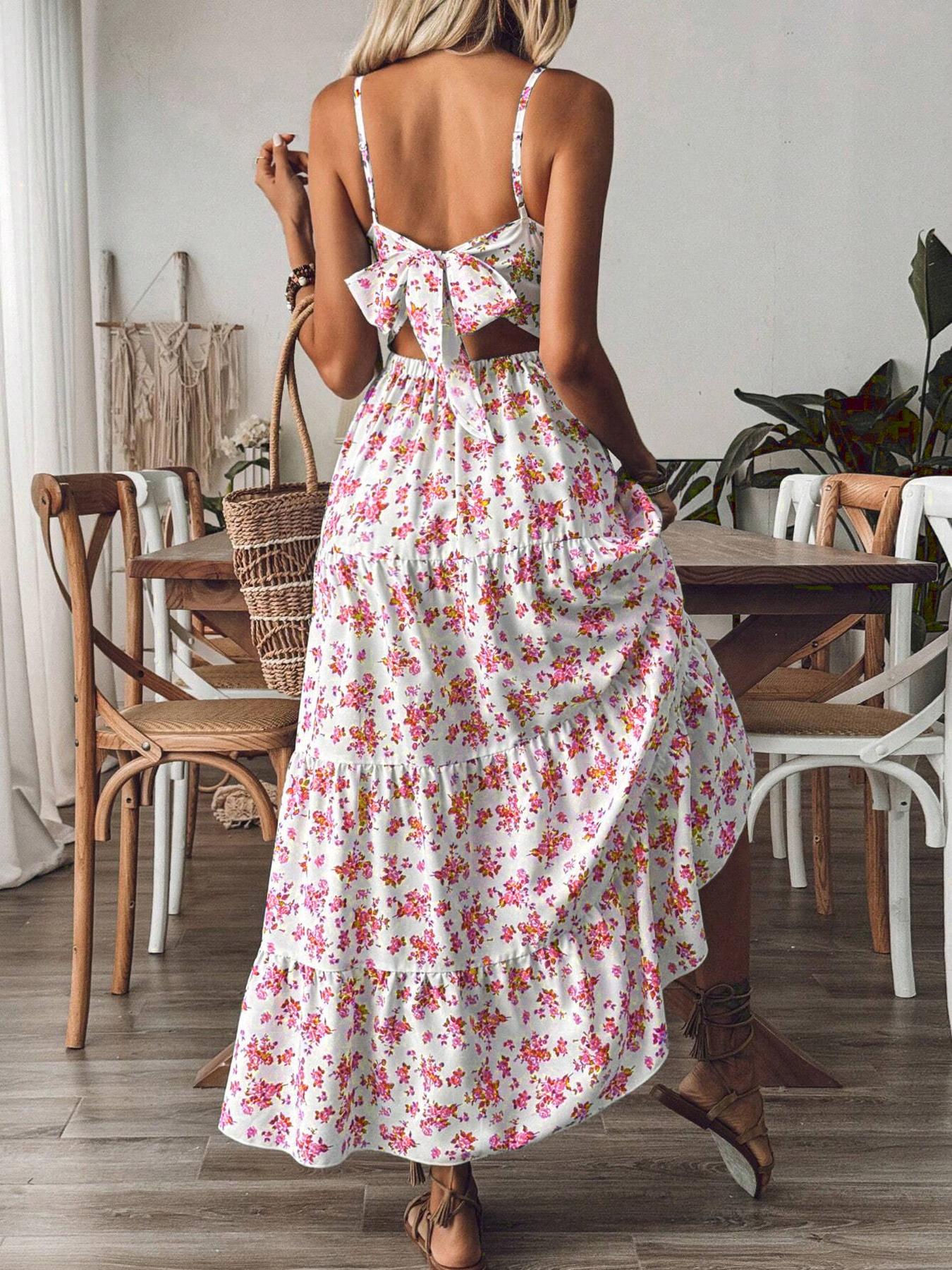 1pc Women's Floral Tiered Maxi Dress, Spaghetti Straps & Back Cutout Bow Detail & Flowy Tiered Skirt & Lightweight Material & Multiple Floral Patterns & Frill Ruffle Hem, Floral Print Dress